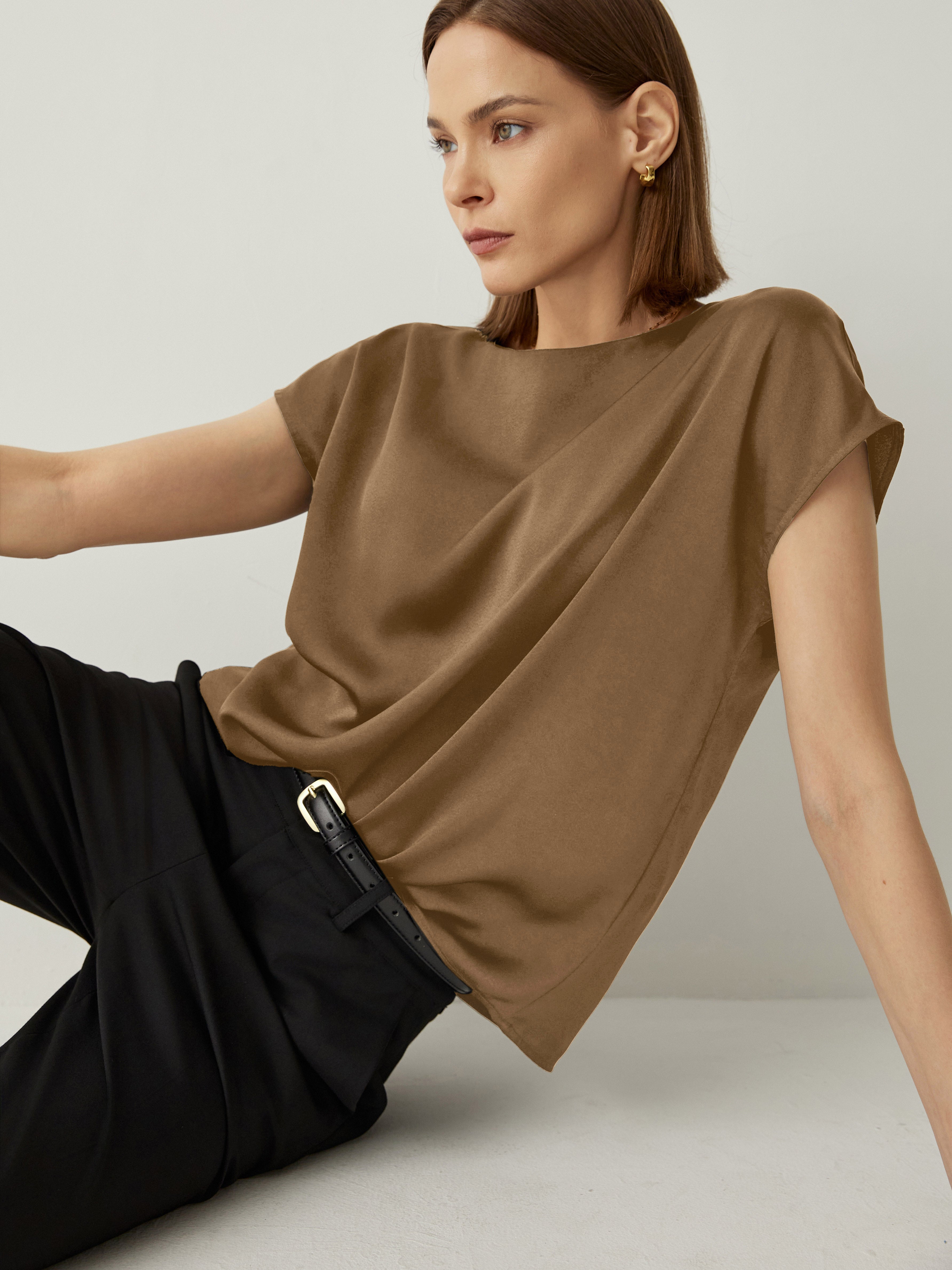 Silk Crew Neck Cap Sleeves Top