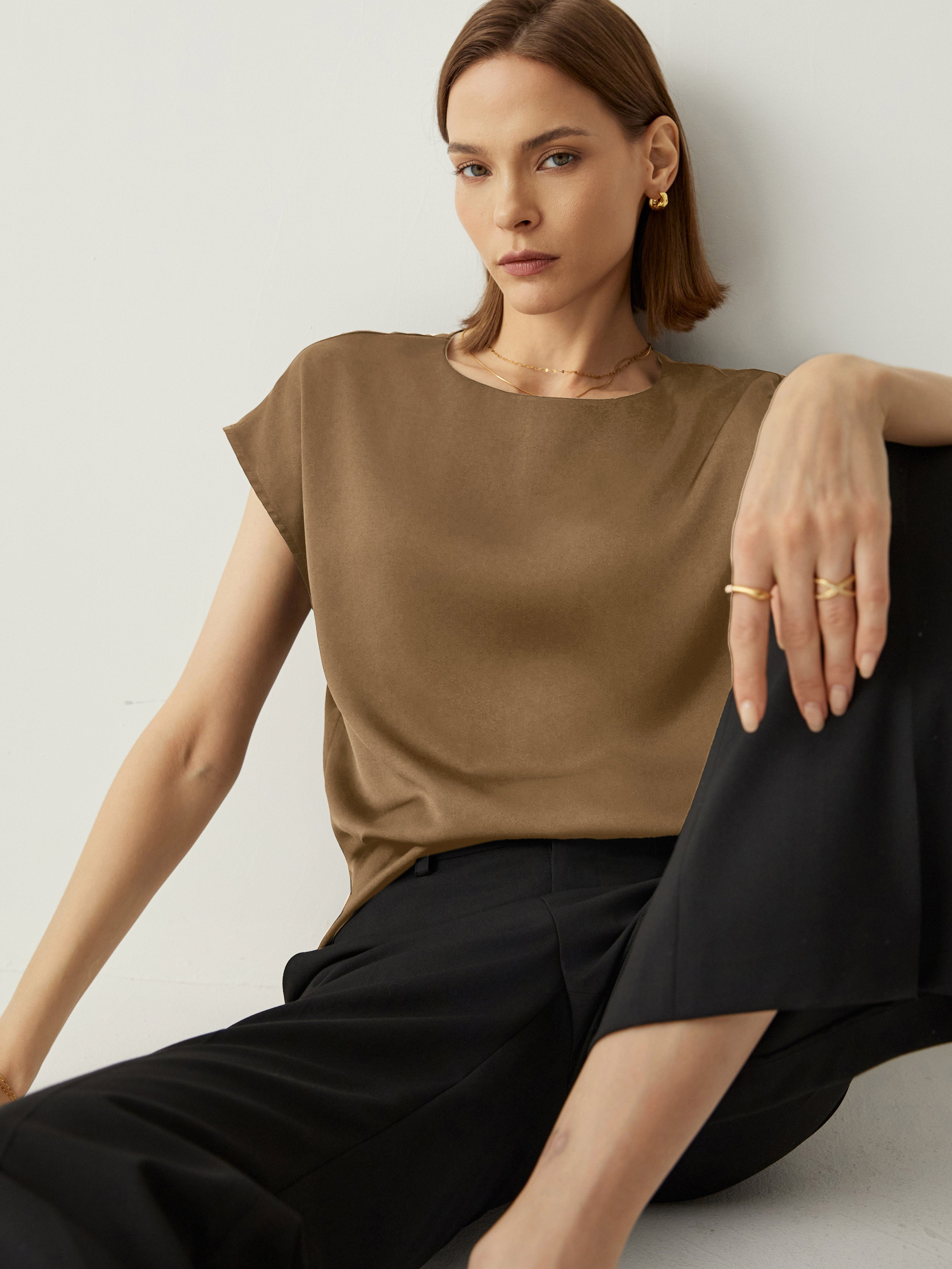 Silk Crew Neck Cap Sleeves Top