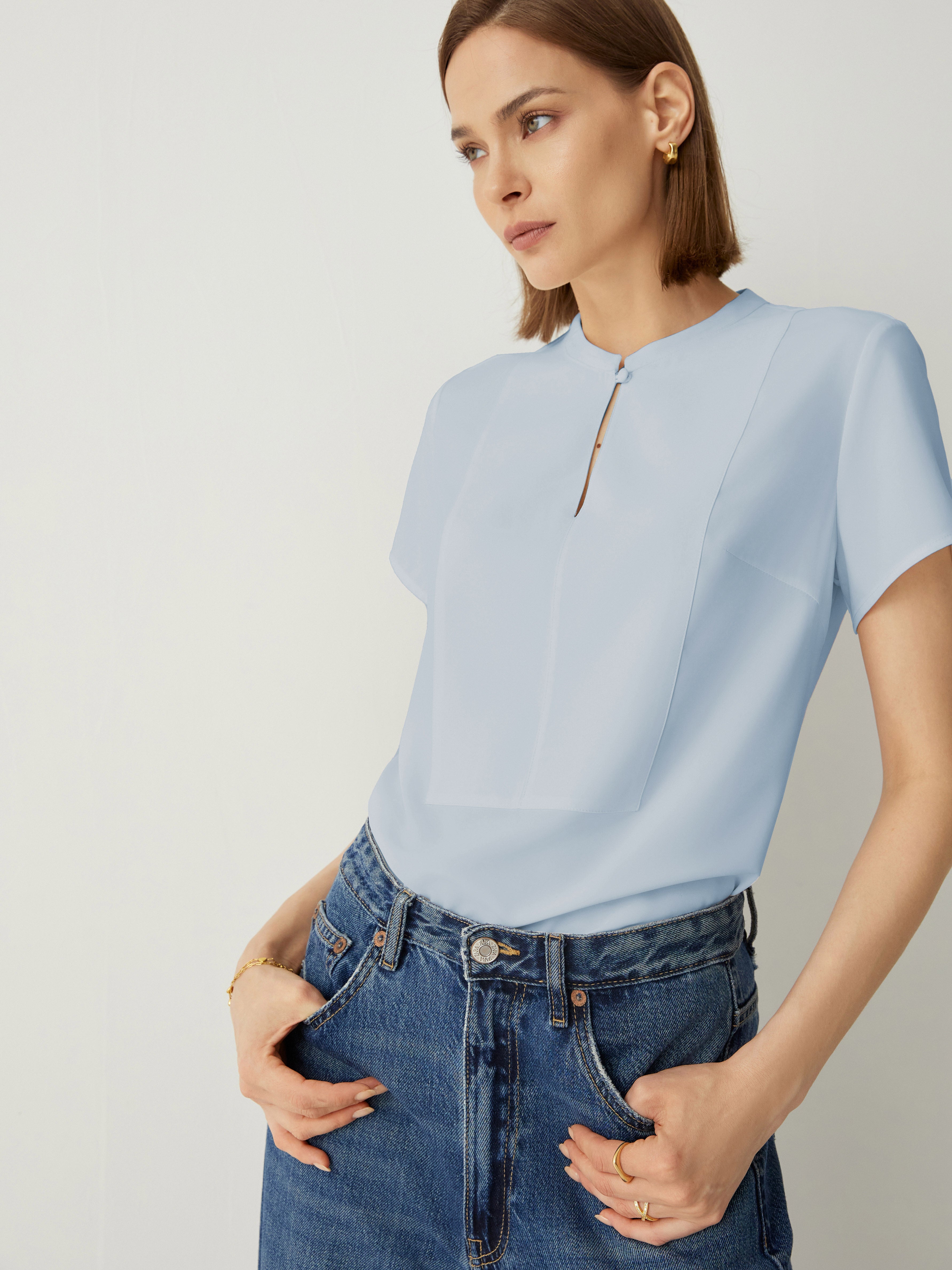 Keyhole Neck Short Sleeves Relaxed Fit Blouse