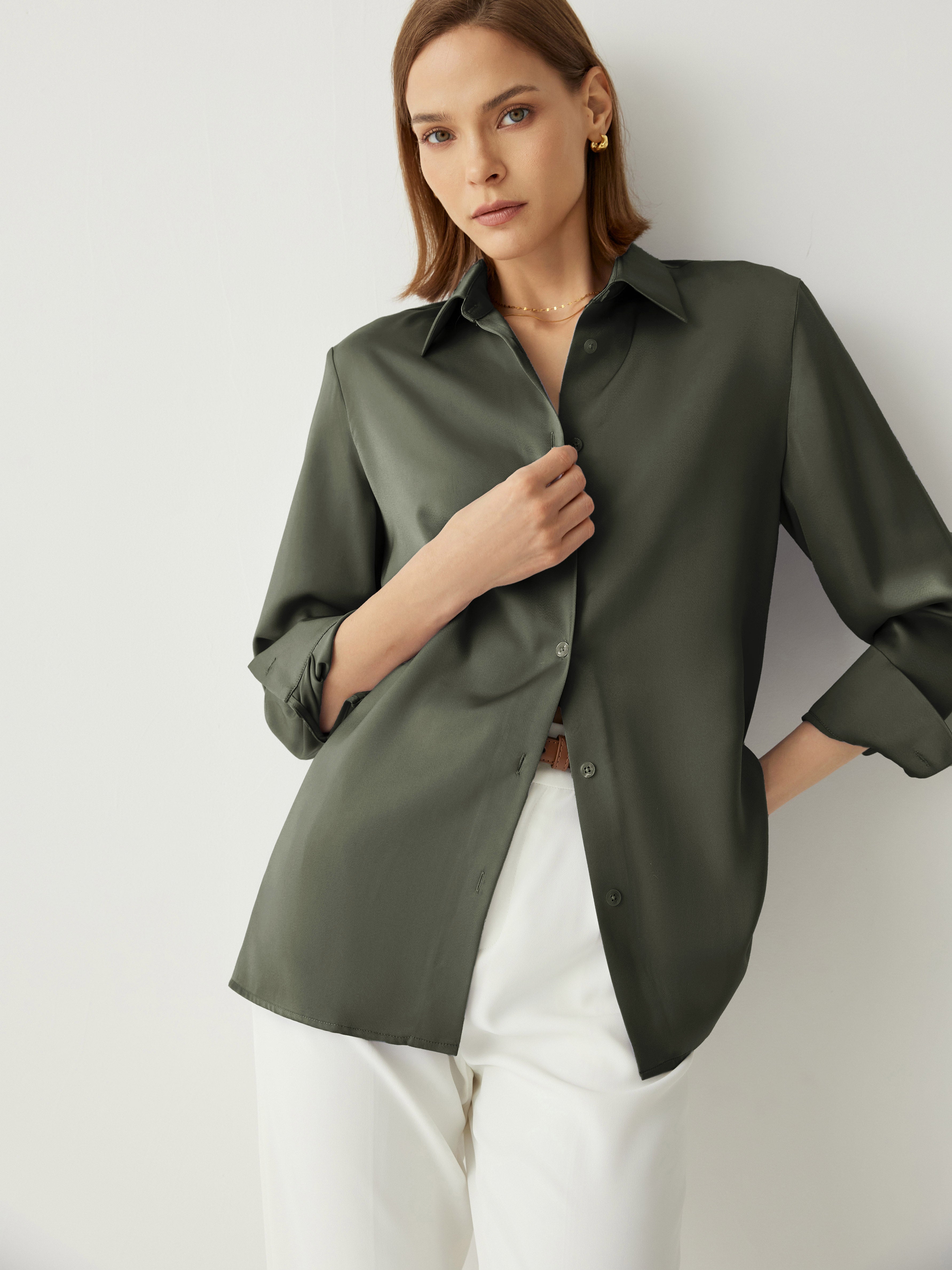 100% Silk Spread Collar Long Sleeves Blouse