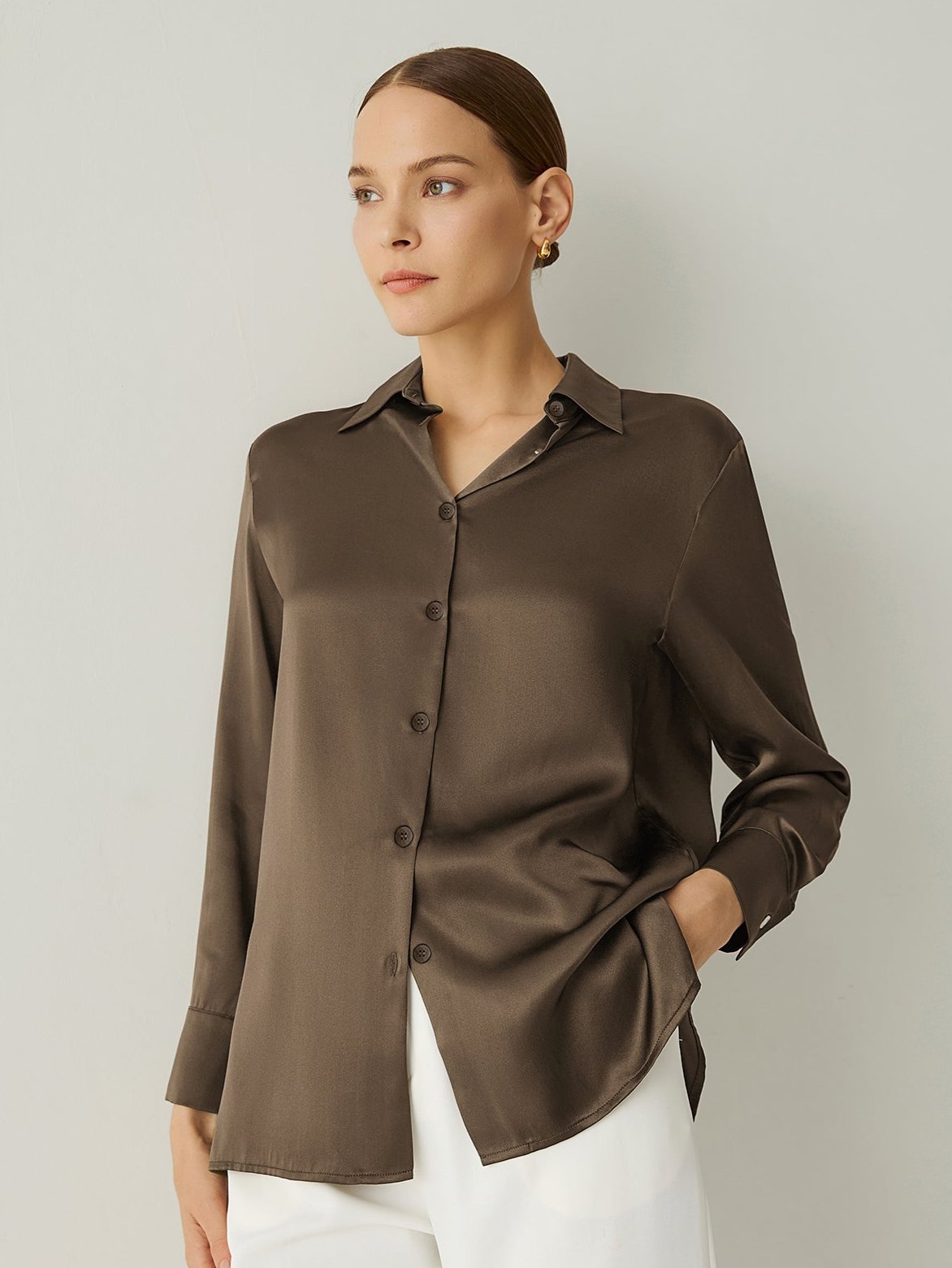 100% Silk Spread Collar Long Sleeves Blouse