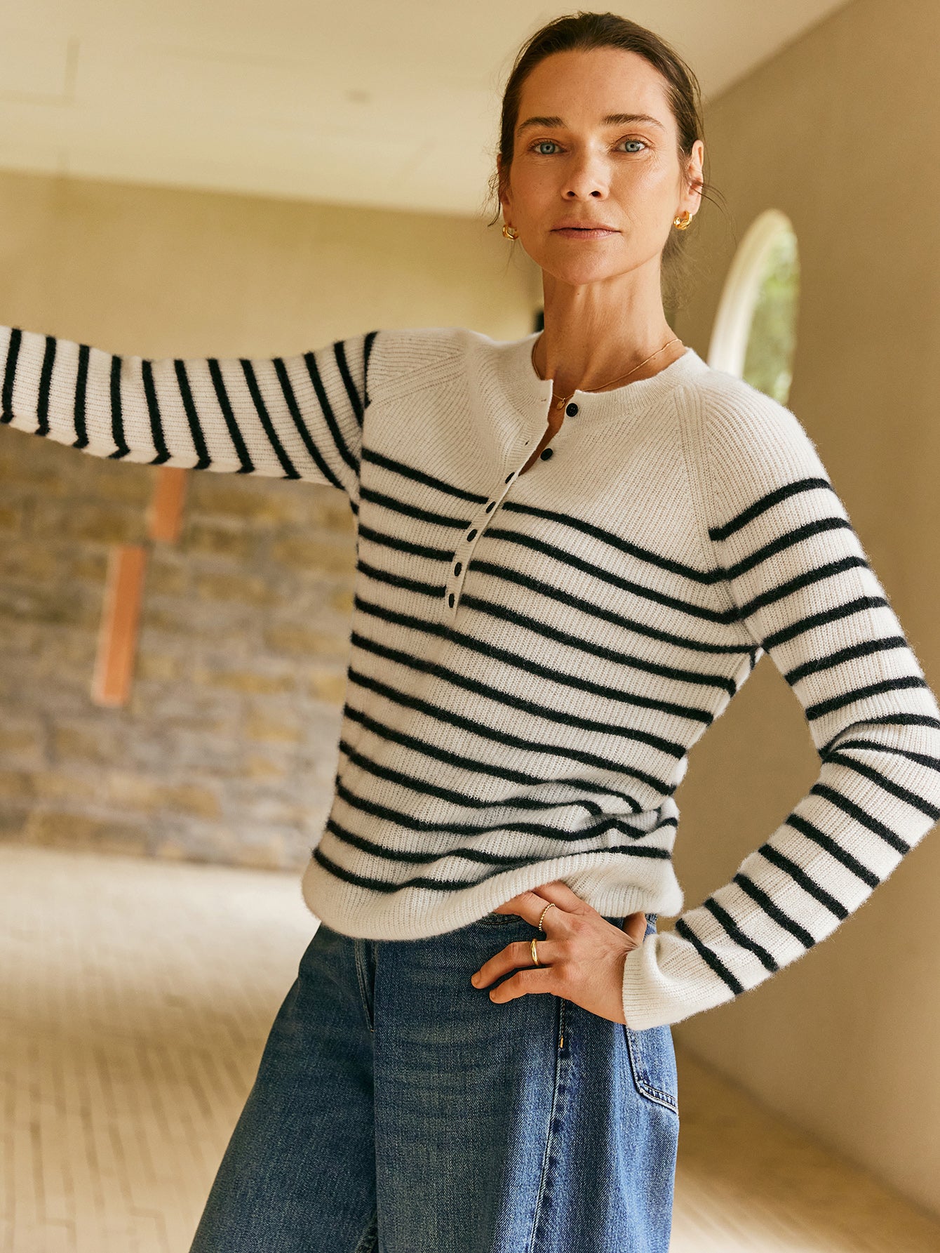 100% Cashmere Henley Neck Striped Sweater