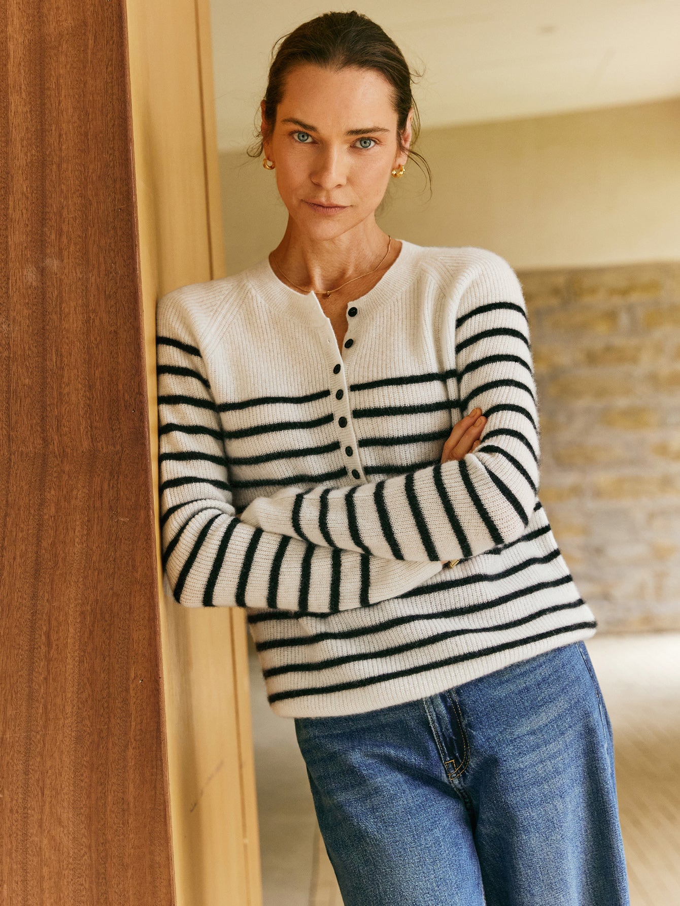 100% Cashmere Henley Neck Striped Sweater