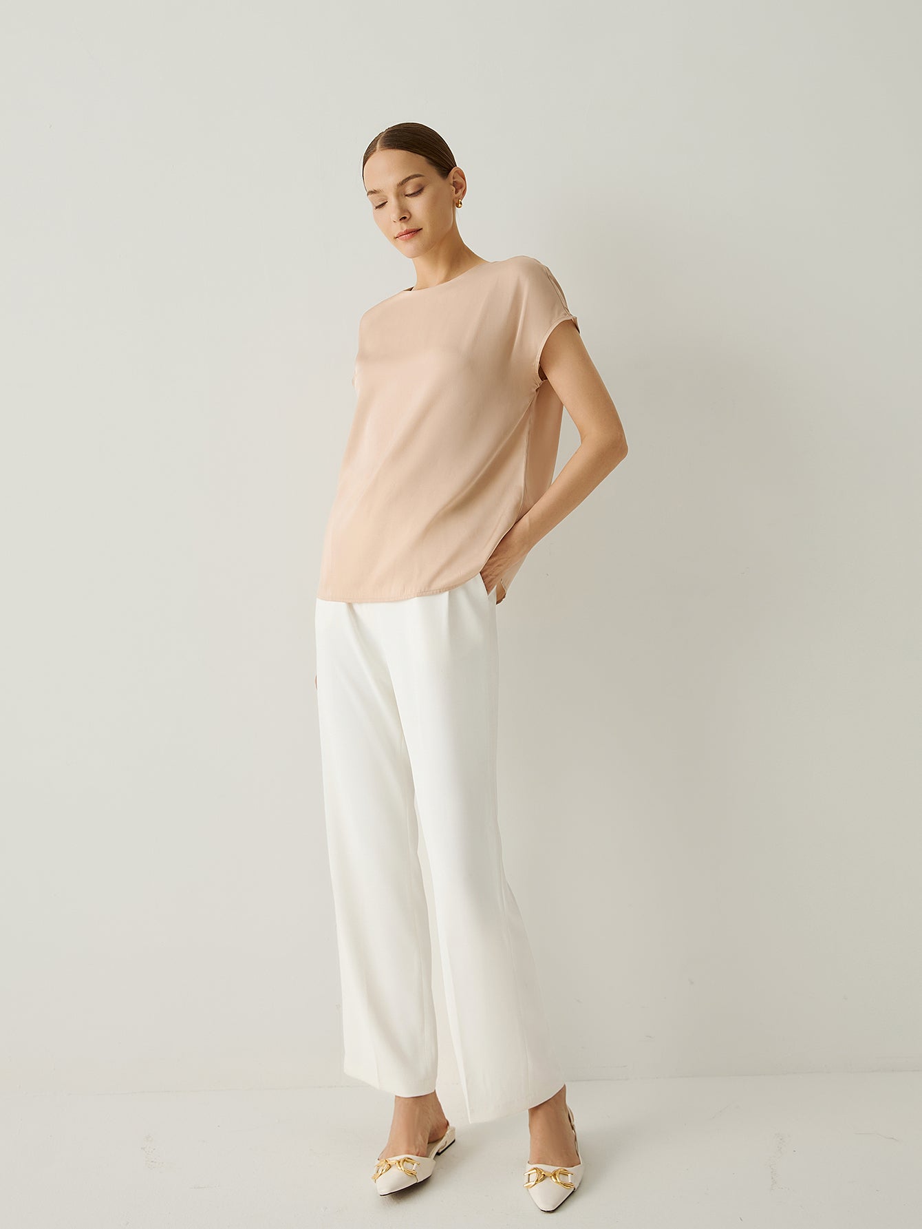 Silk Crew Neck Cap Sleeves Top