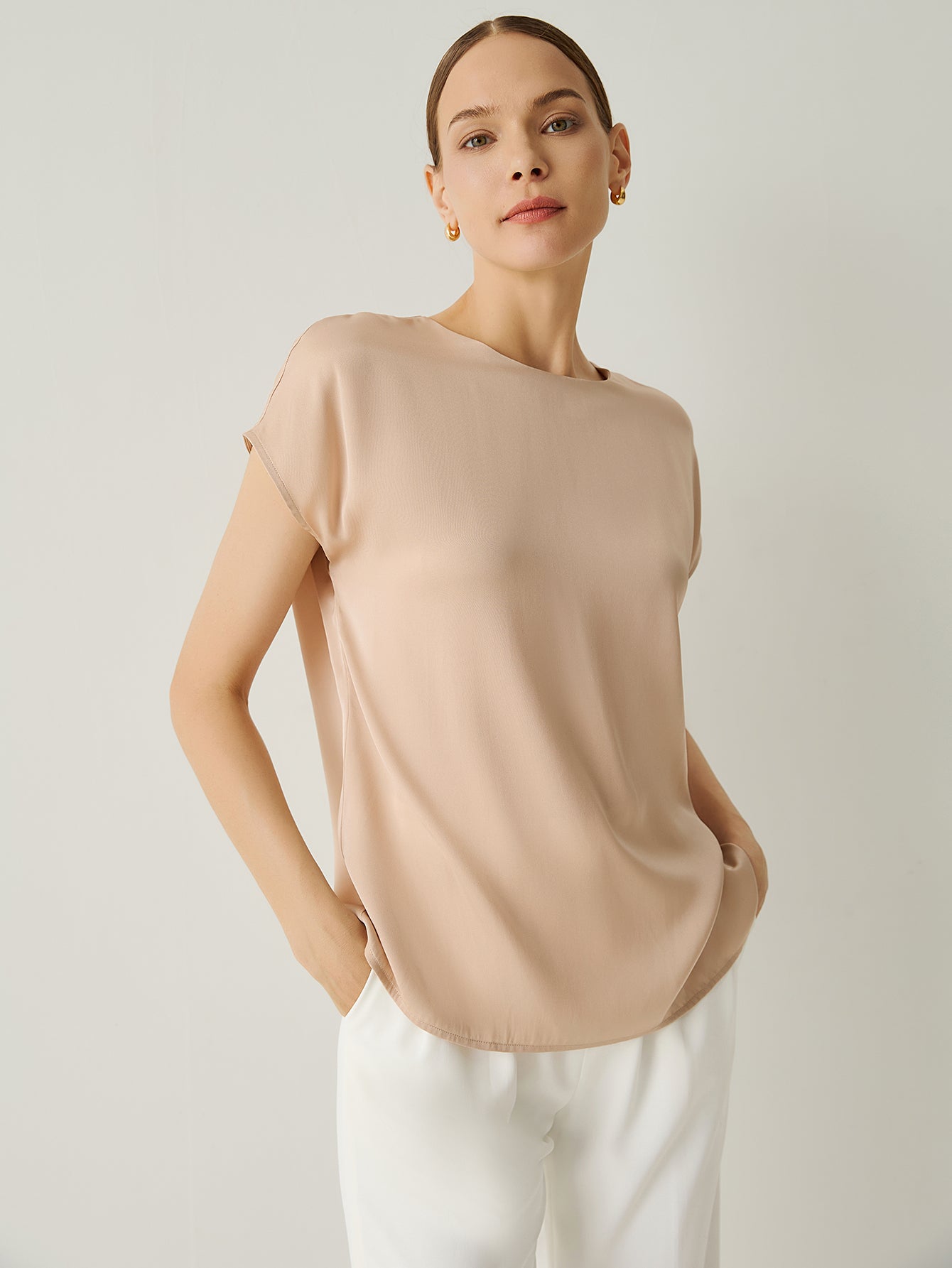 Silk Crew Neck Cap Sleeves Top