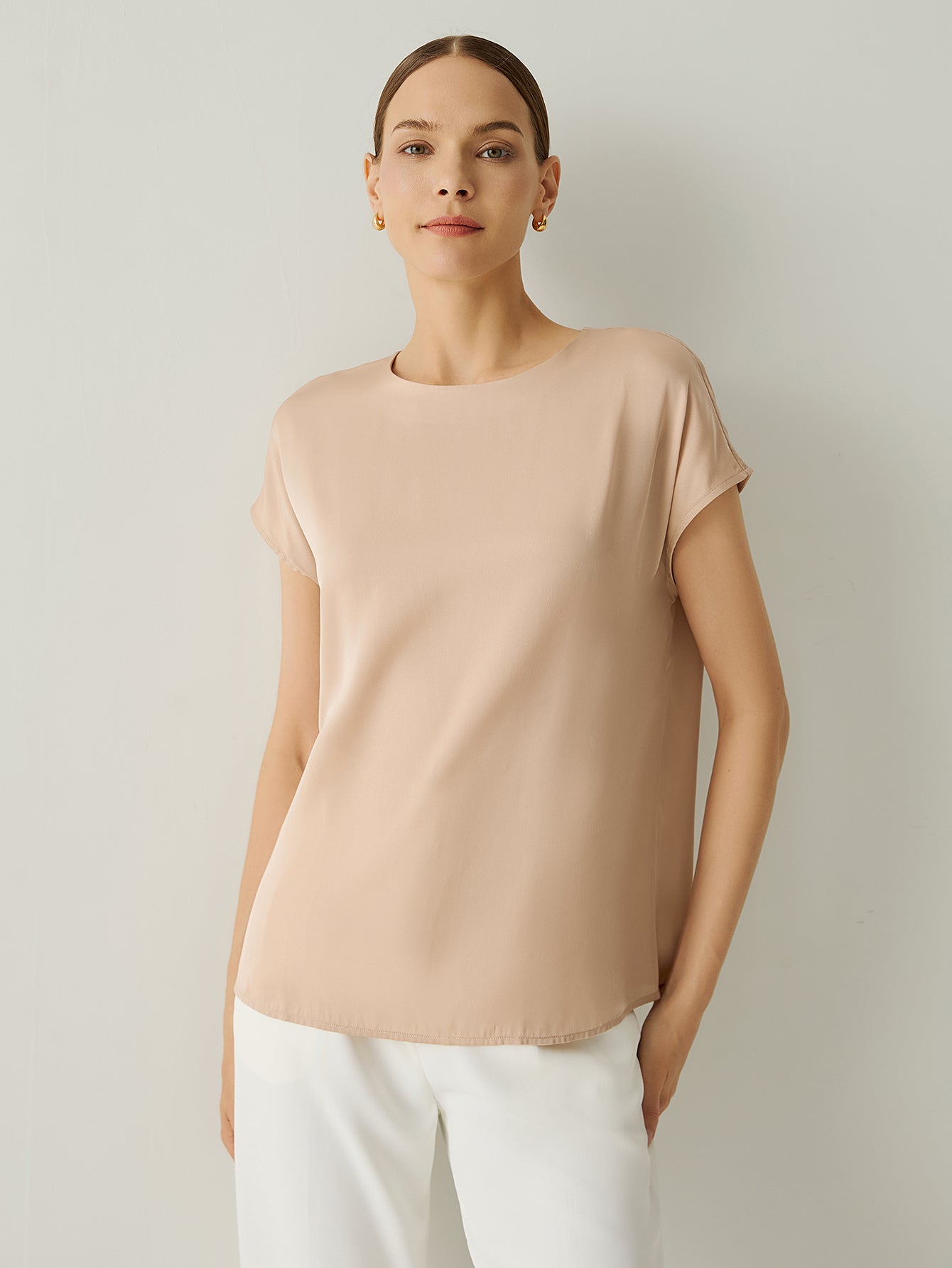 Silk Crew Neck Cap Sleeves Top