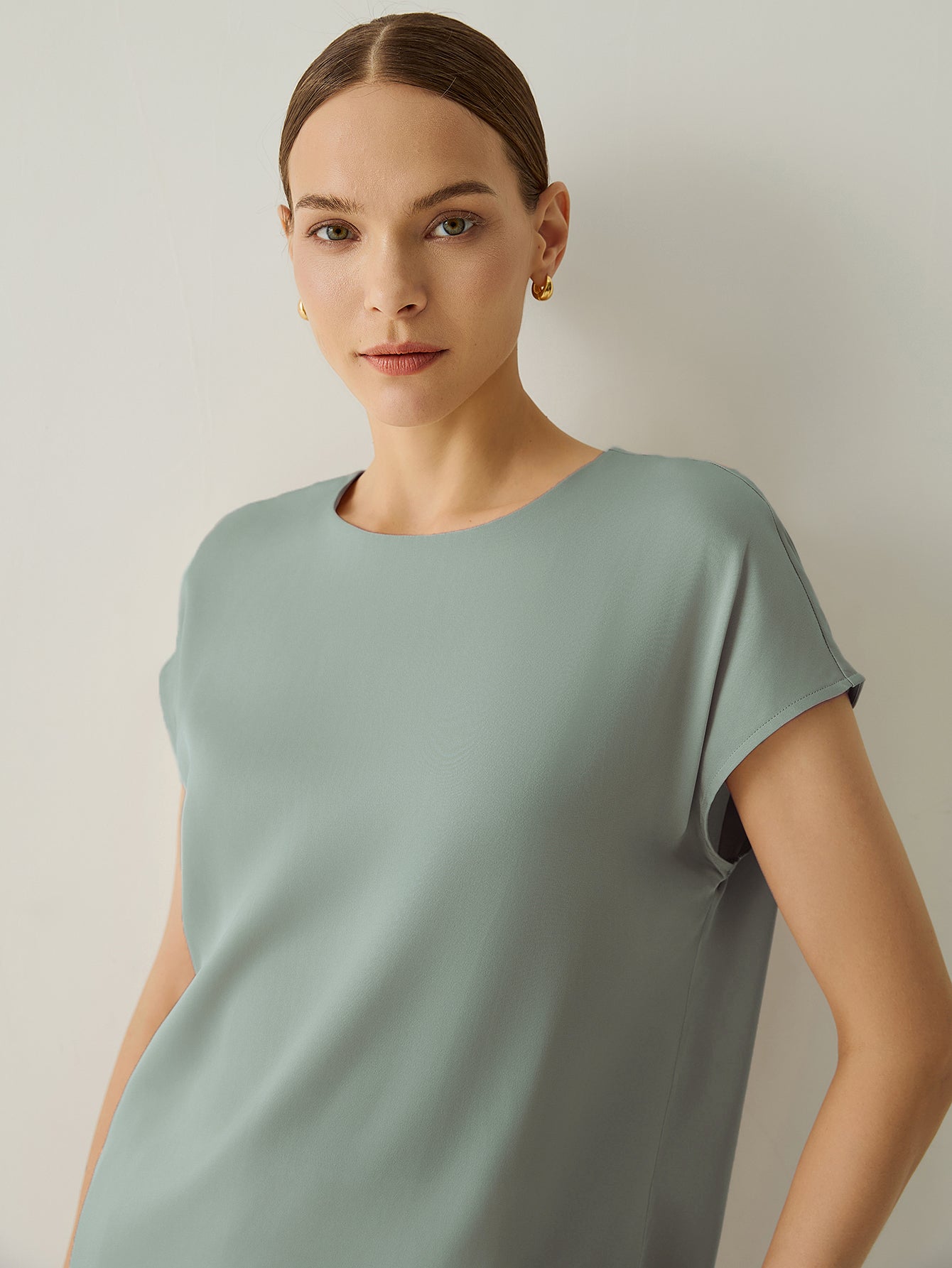 Silk Crew Neck Cap Sleeves Top