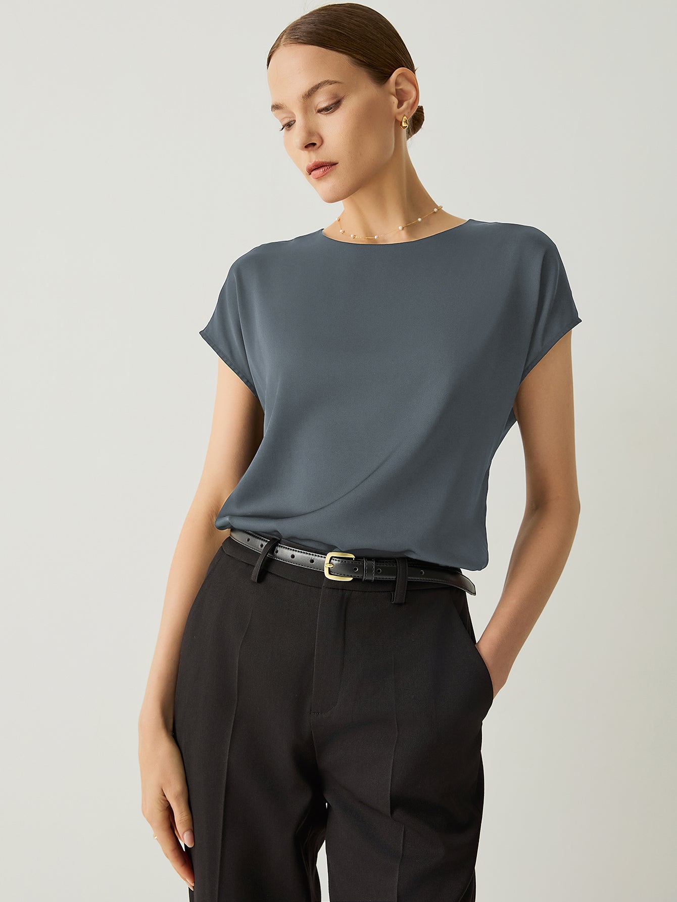 Silk Crew Neck Cap Sleeves Top