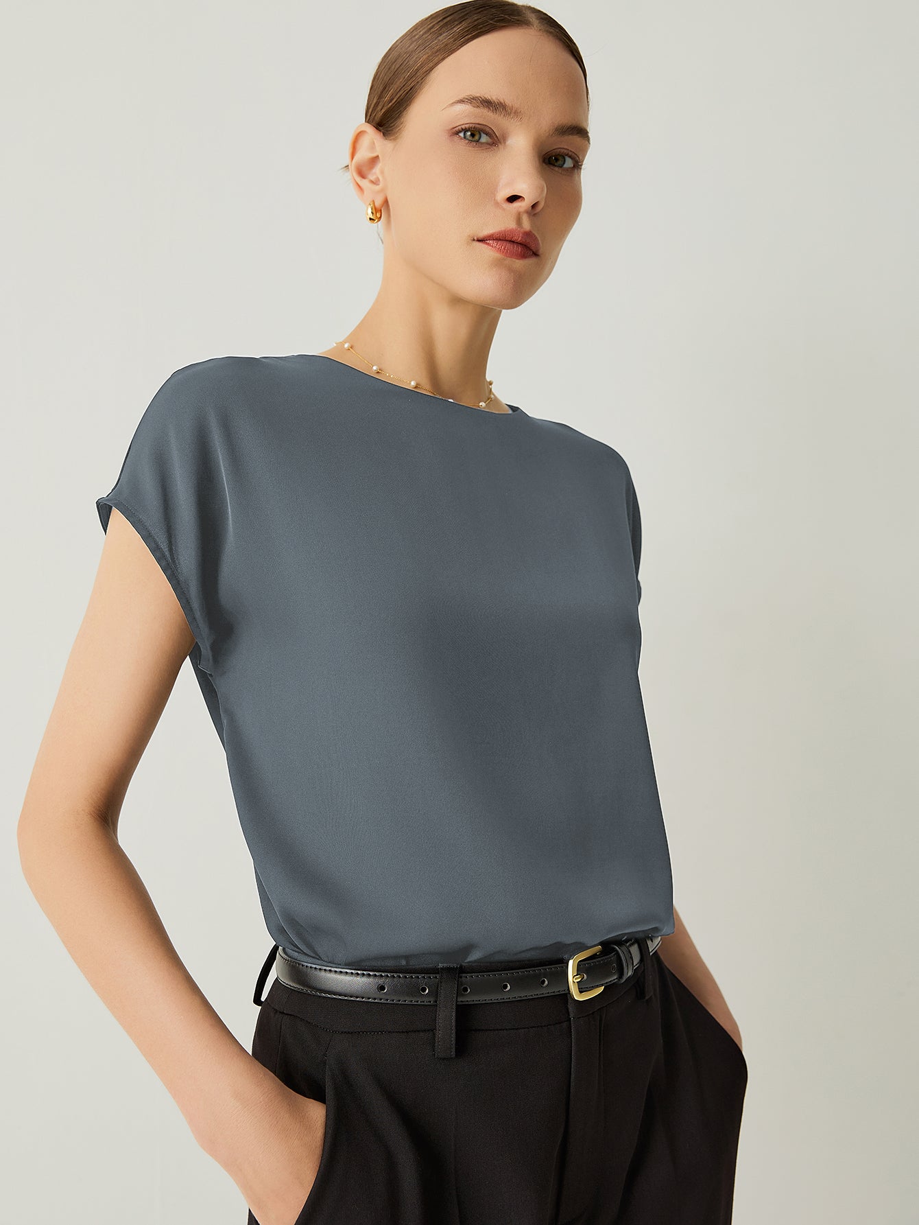 Silk Crew Neck Cap Sleeves Top