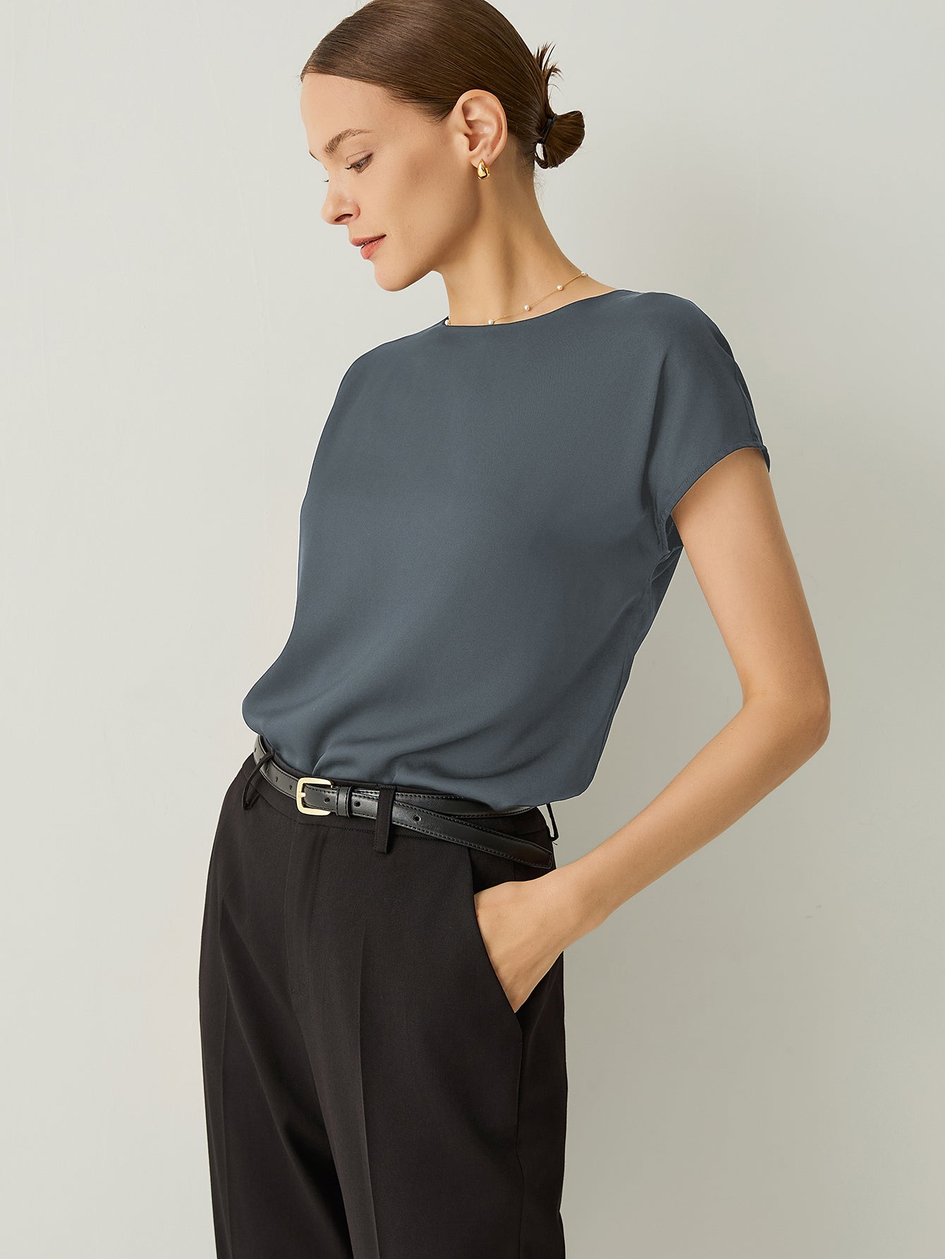 Silk Crew Neck Cap Sleeves Top