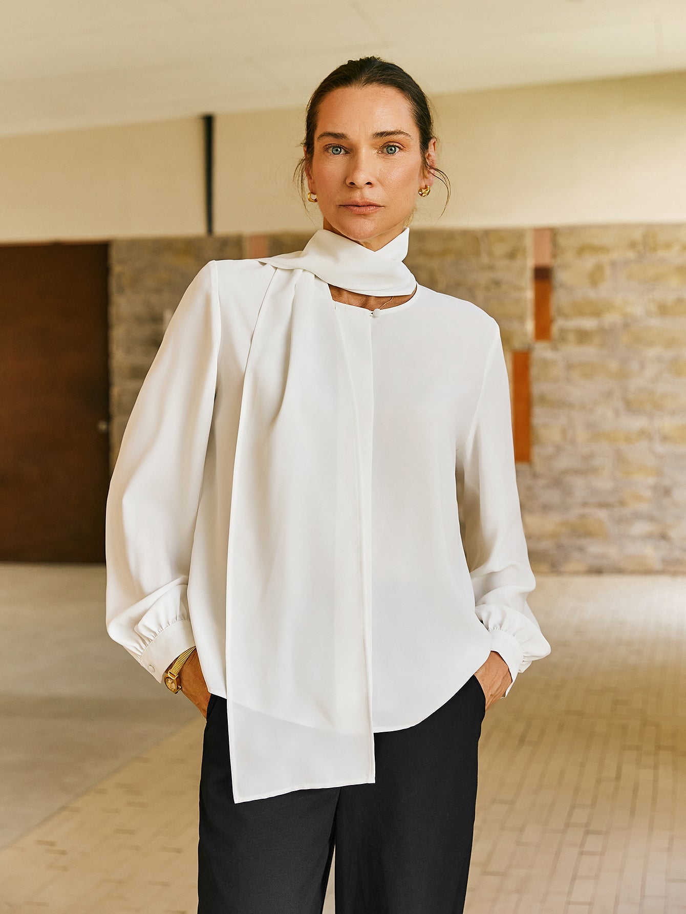 Balloon Sleeves Crew Neck Blouse With Long Scarf - Callalina