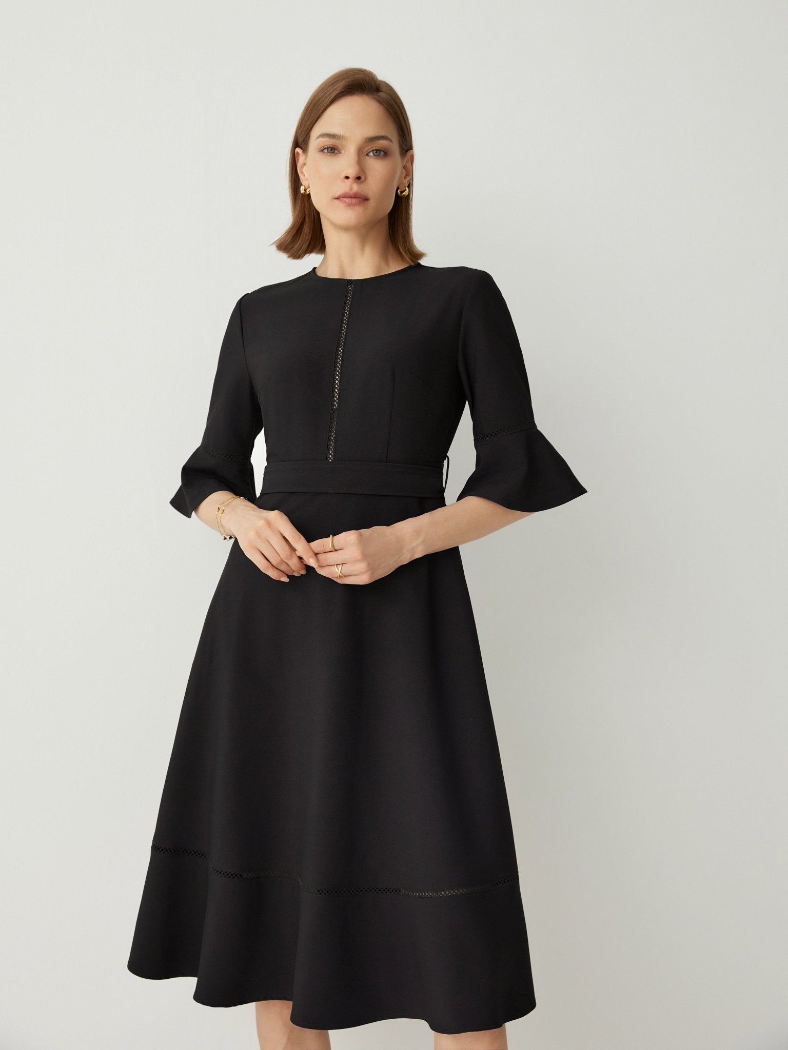 Bell - Cuff Lace Insert Midi Dress With Detachable Belt - Callalina