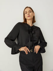 Bow Tie Neck Ruffle Sleeves Relaxed Fit Blouse - Callalina