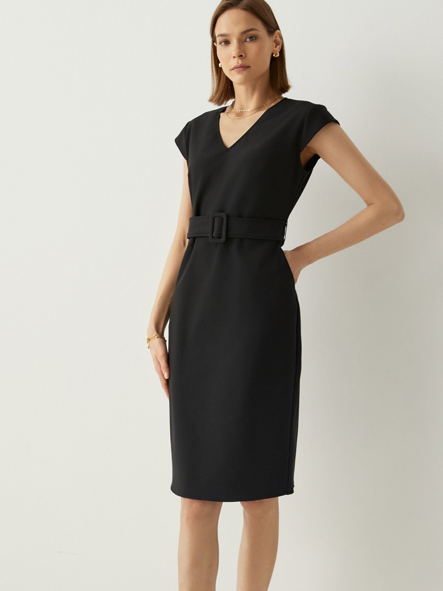 Cap Sleeves Tailored Fit Midi Dress With Detachable Belt - Callalina