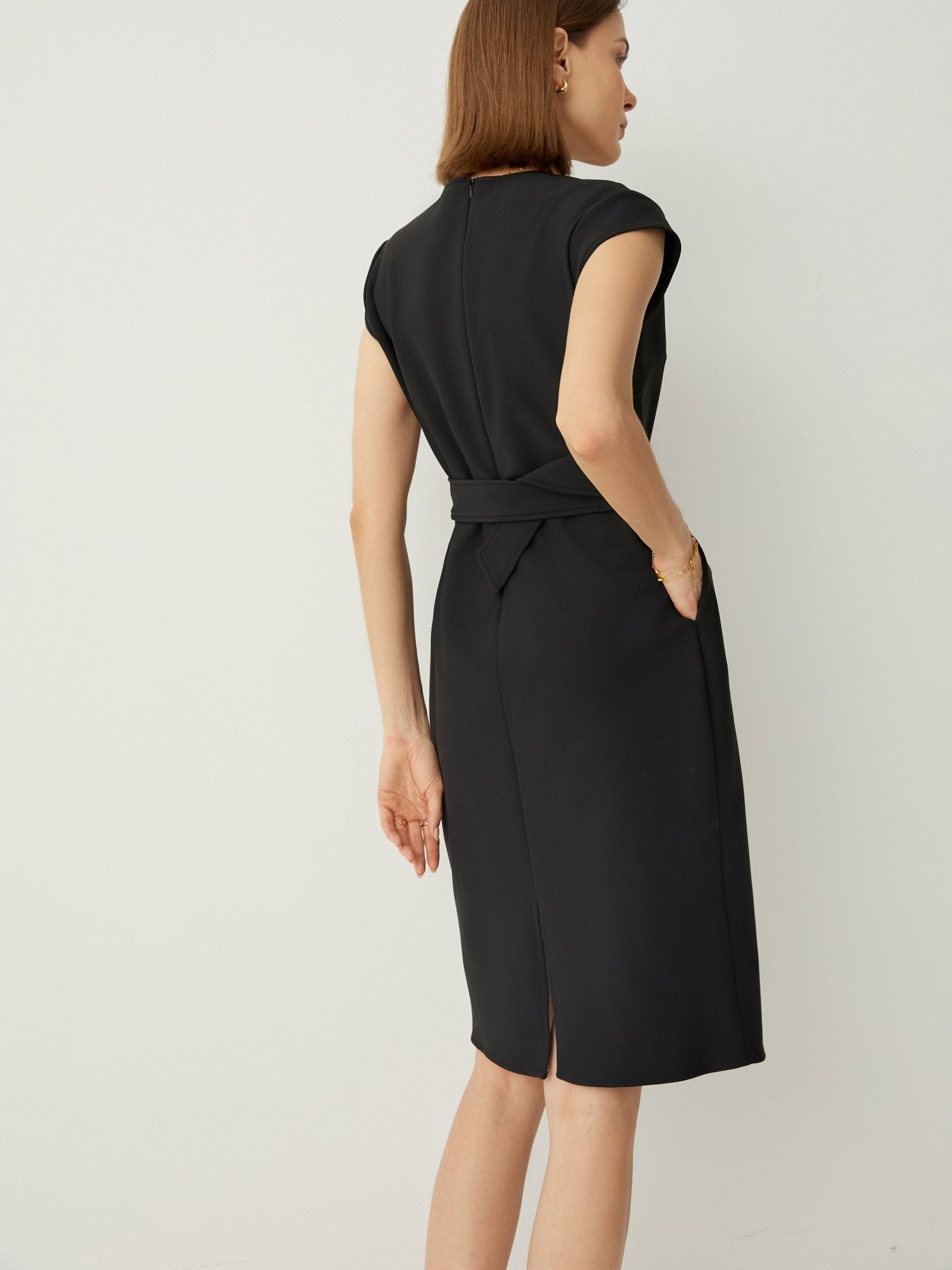 Cap Sleeves Tailored Fit Midi Dress With Detachable Belt - Callalina