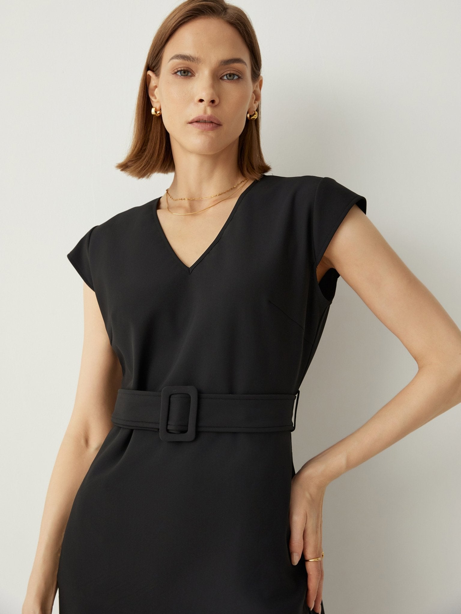 Cap Sleeves Tailored Fit Midi Dress With Detachable Belt - Callalina