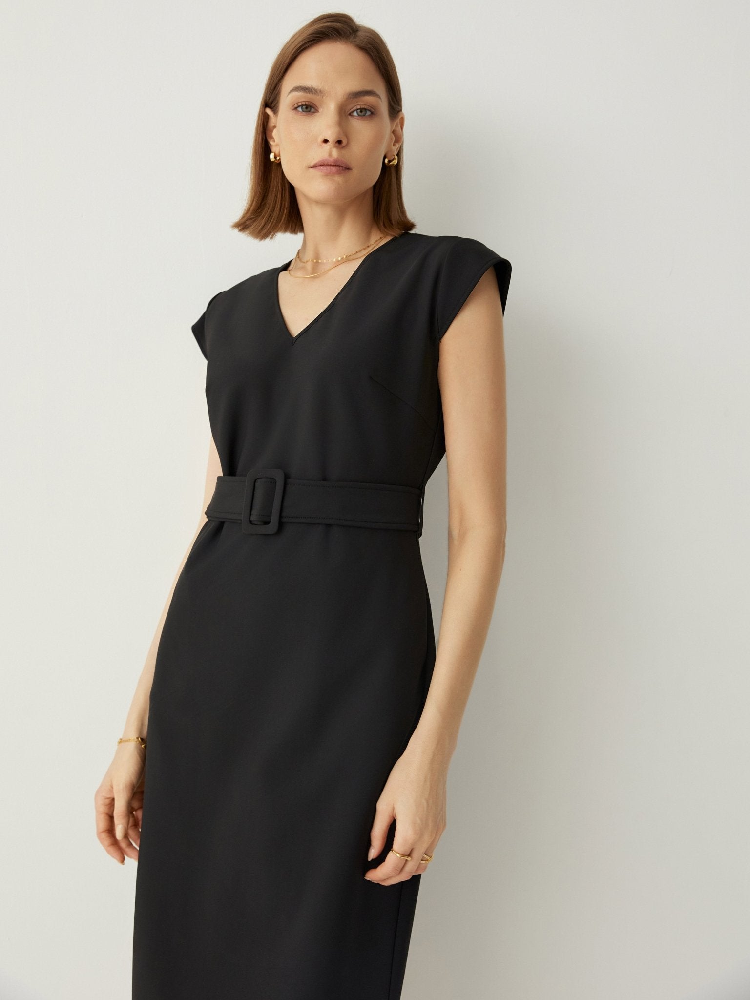 Cap Sleeves Tailored Fit Midi Dress With Detachable Belt - Callalina