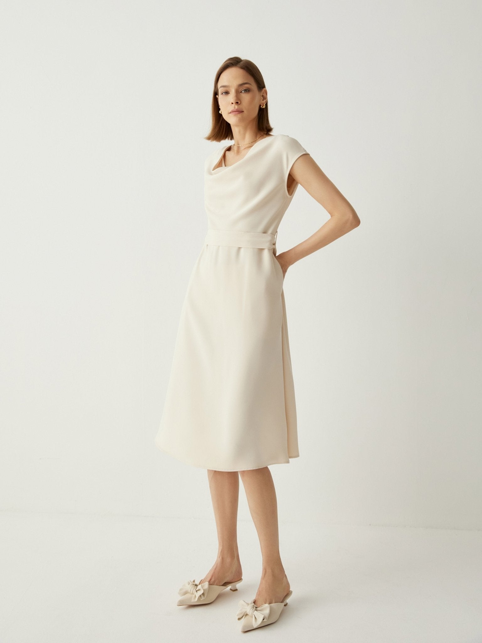 Cowl Neck Cap Sleeves Midi Dress With Detachable Belt - Callalina