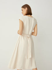 Cowl Neck Cap Sleeves Midi Dress With Detachable Belt - Callalina