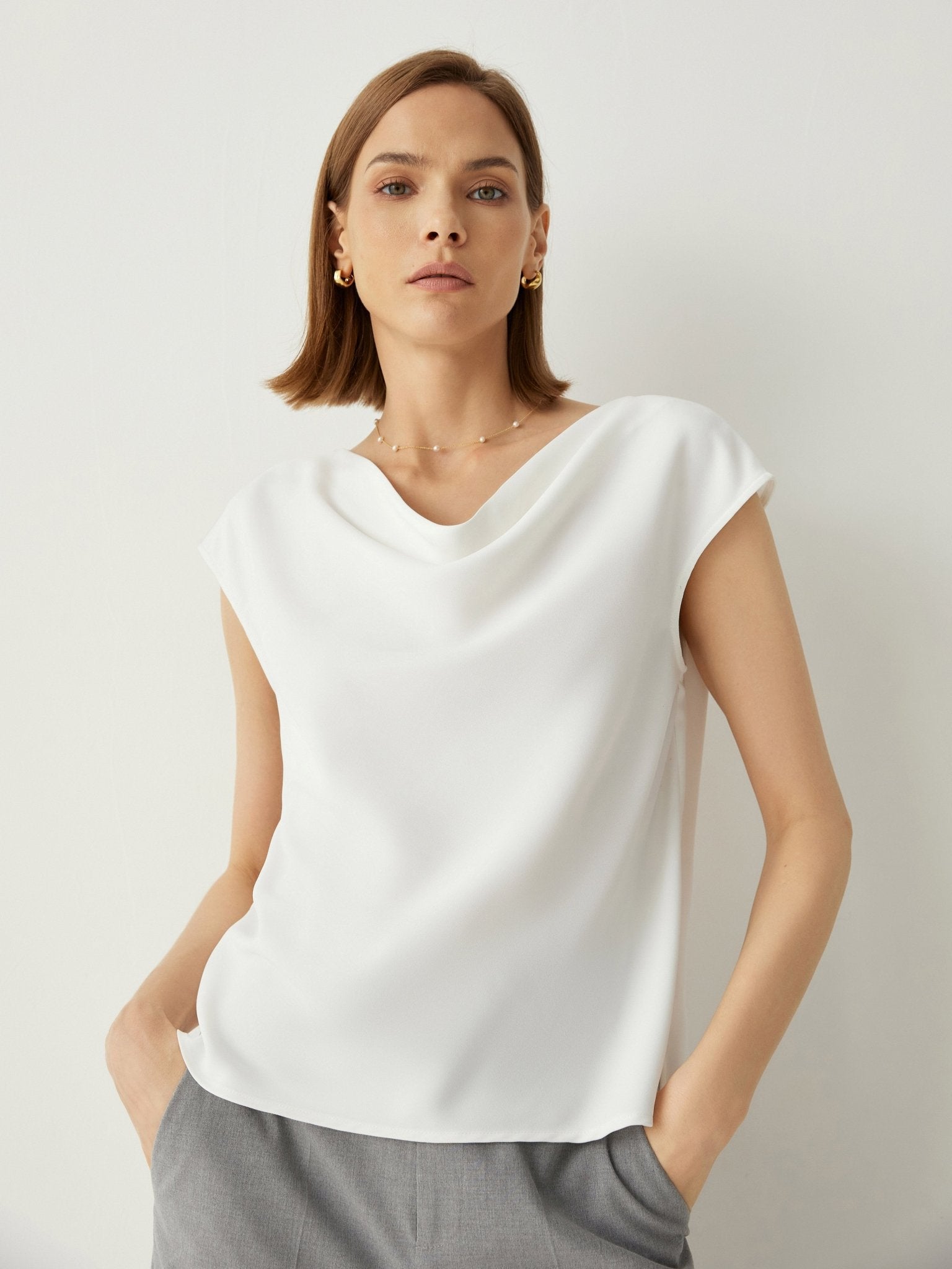 Cowl Neck Cap Sleeves Relaxed Fit Blouse - Callalina