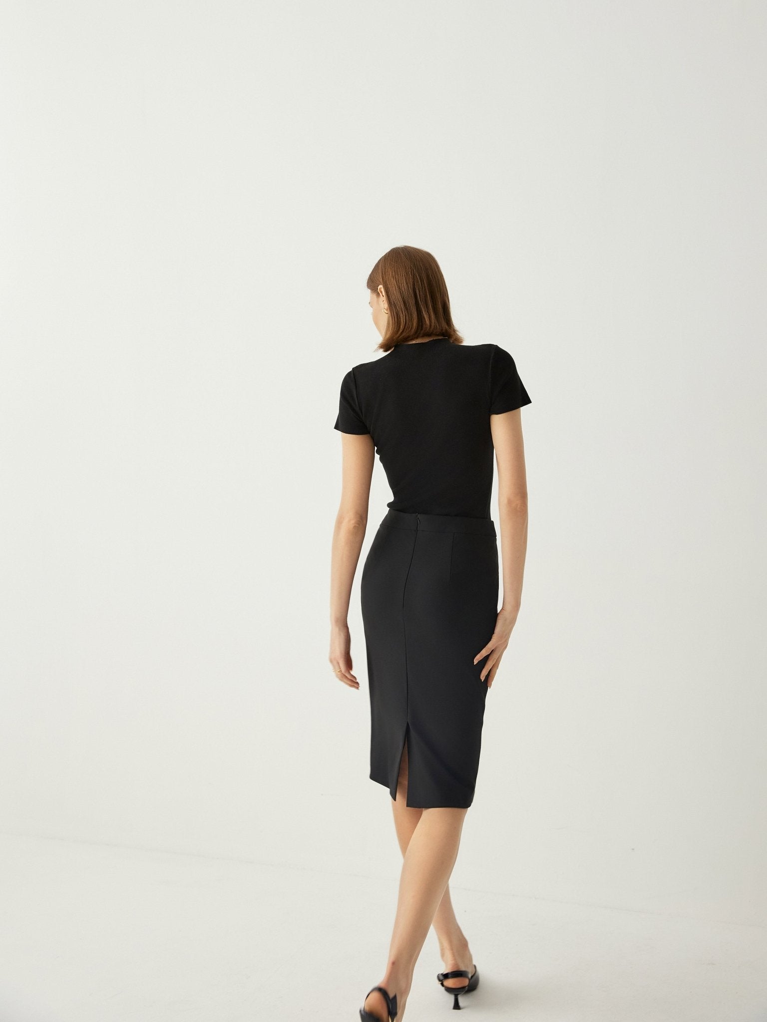 High Rise Tailored Fit Pencil Skirt With Back Slit - Callalina