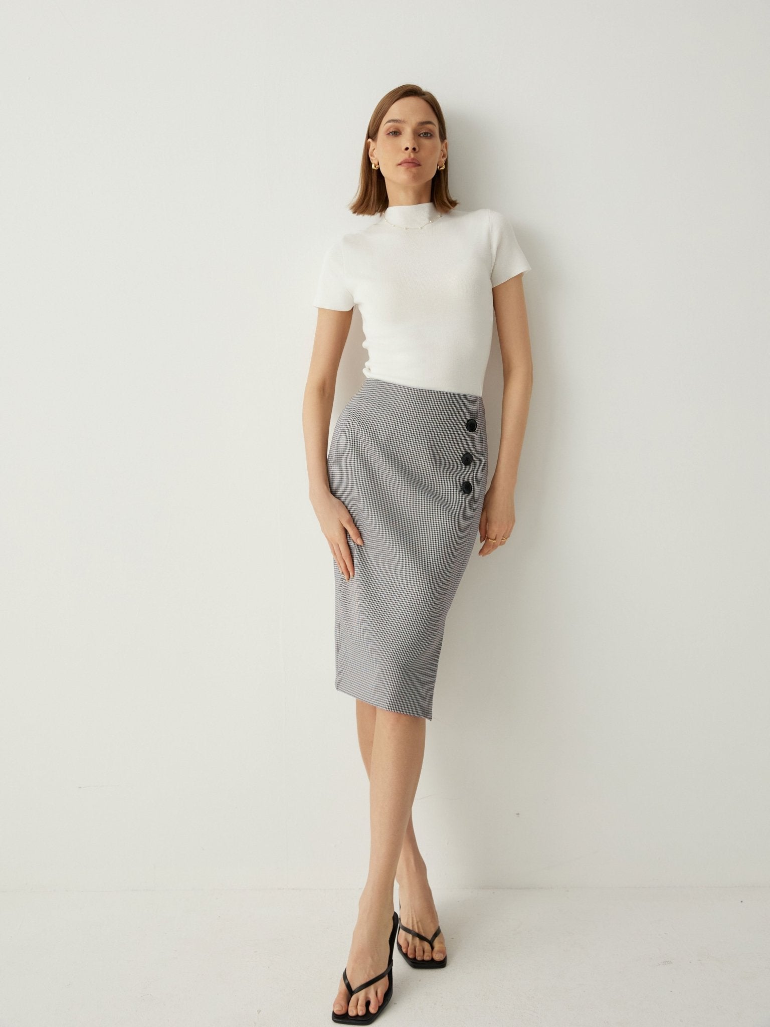 Houndstooth High Rise Pencil Skirt With Side Slit - Callalina