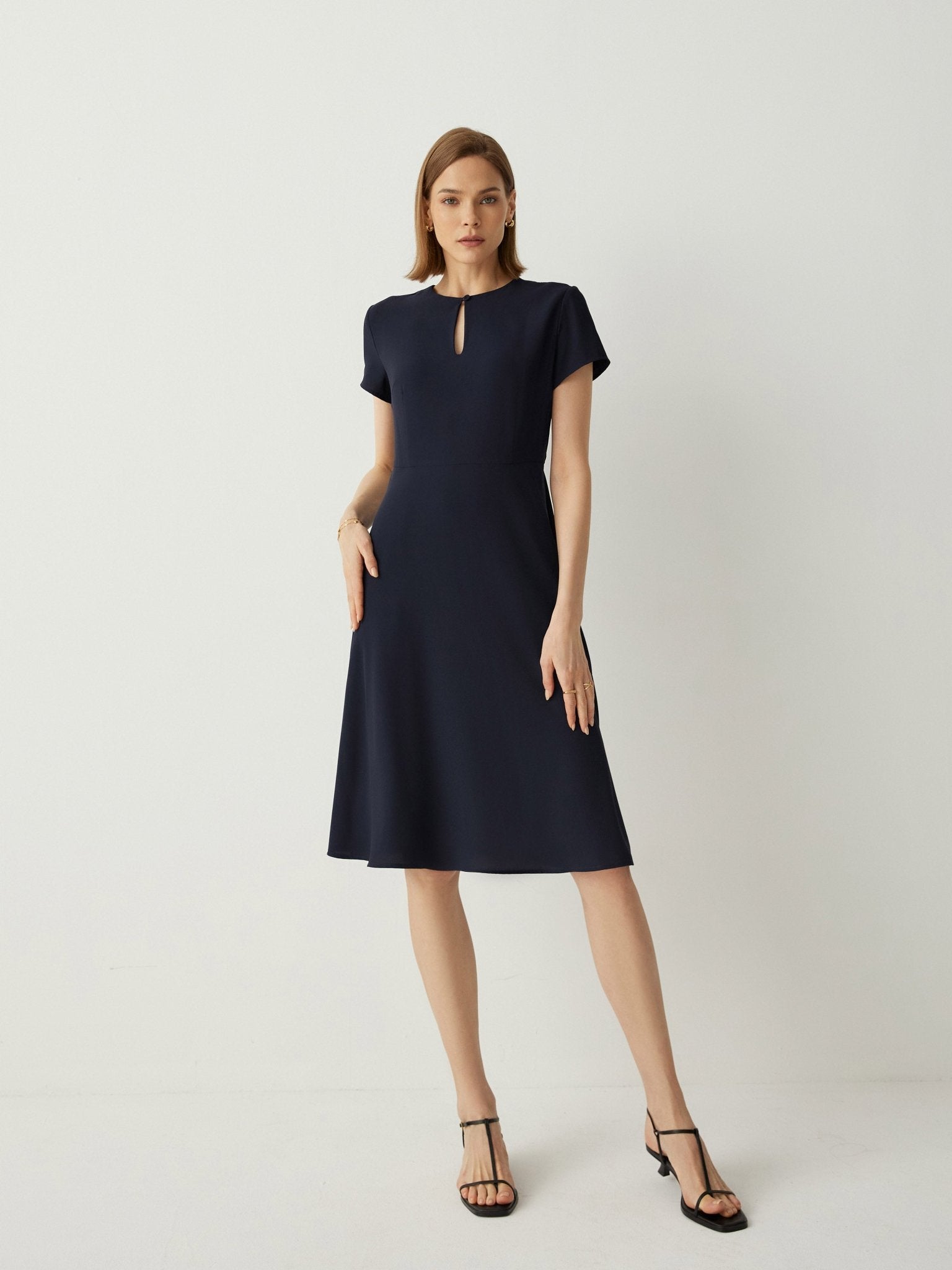 Keyhole Neck Short Sleeves A - Line Midi Dress - Callalina