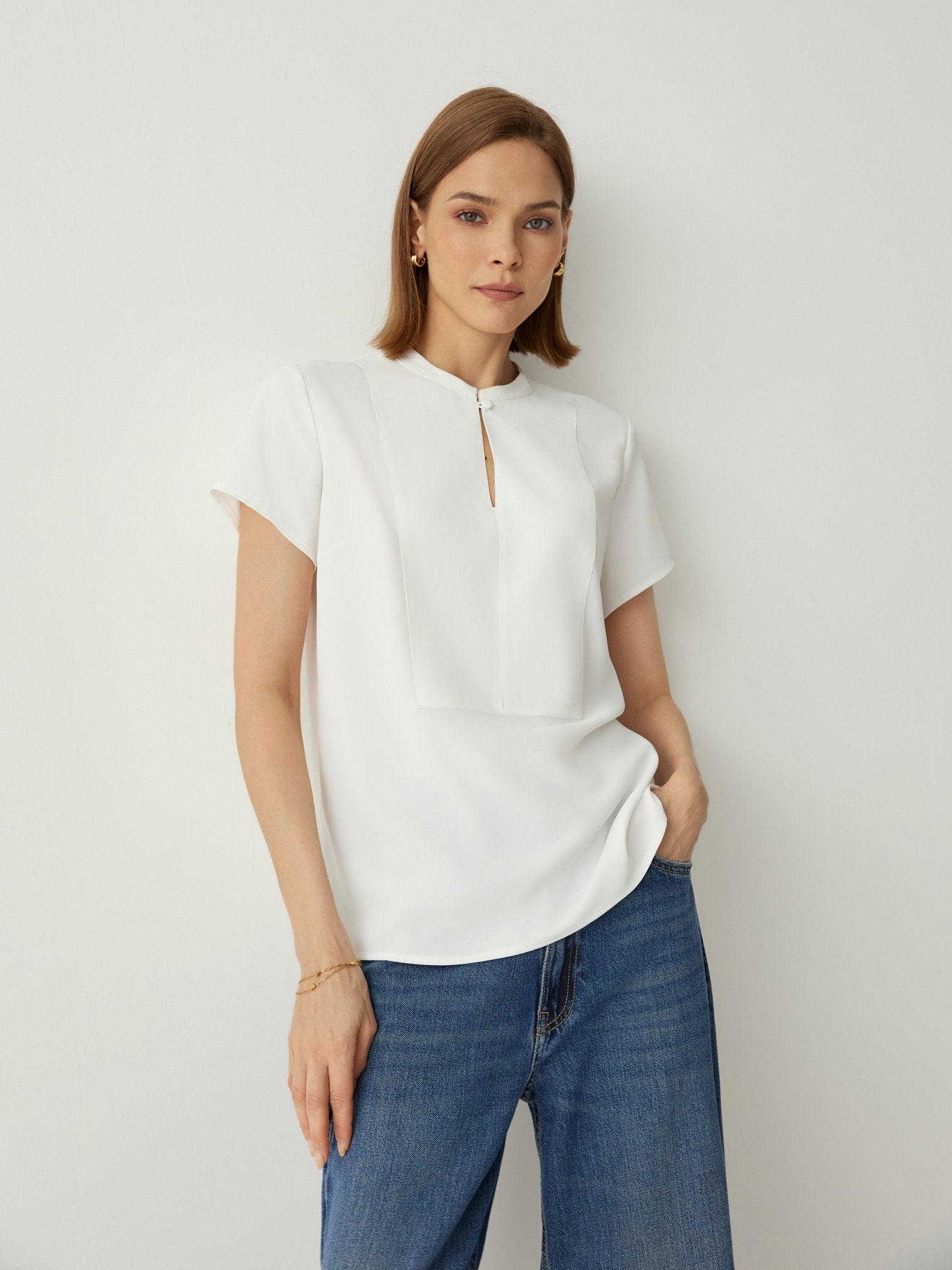 Keyhole Neck Short Sleeves Relaxed Fit Blouse - Callalina