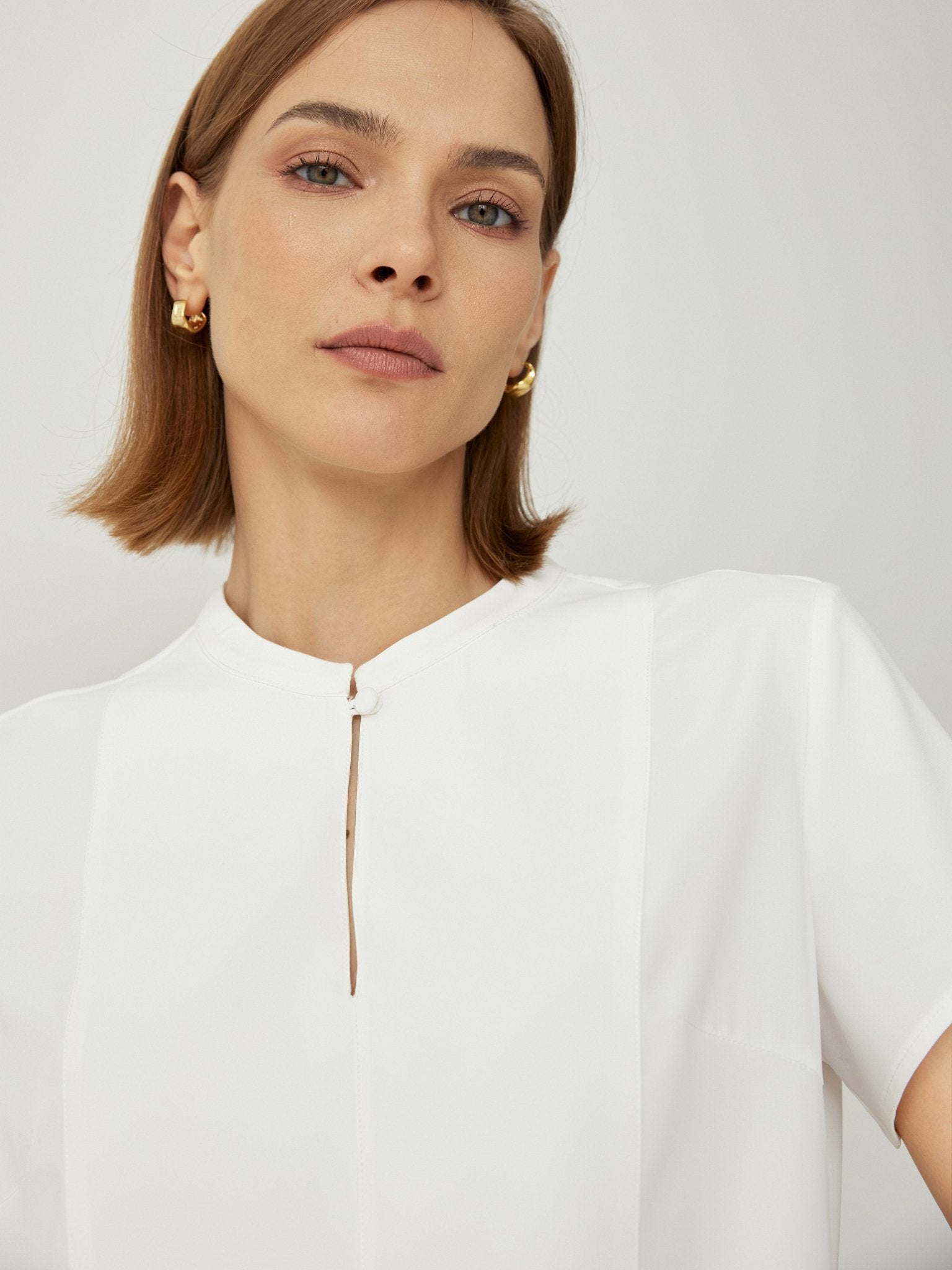 Keyhole Neck Short Sleeves Relaxed Fit Blouse - Callalina