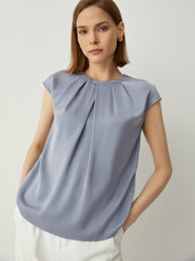 Pleated Neckline Cap Sleeves Relaxed Fit Blouse - Callalina