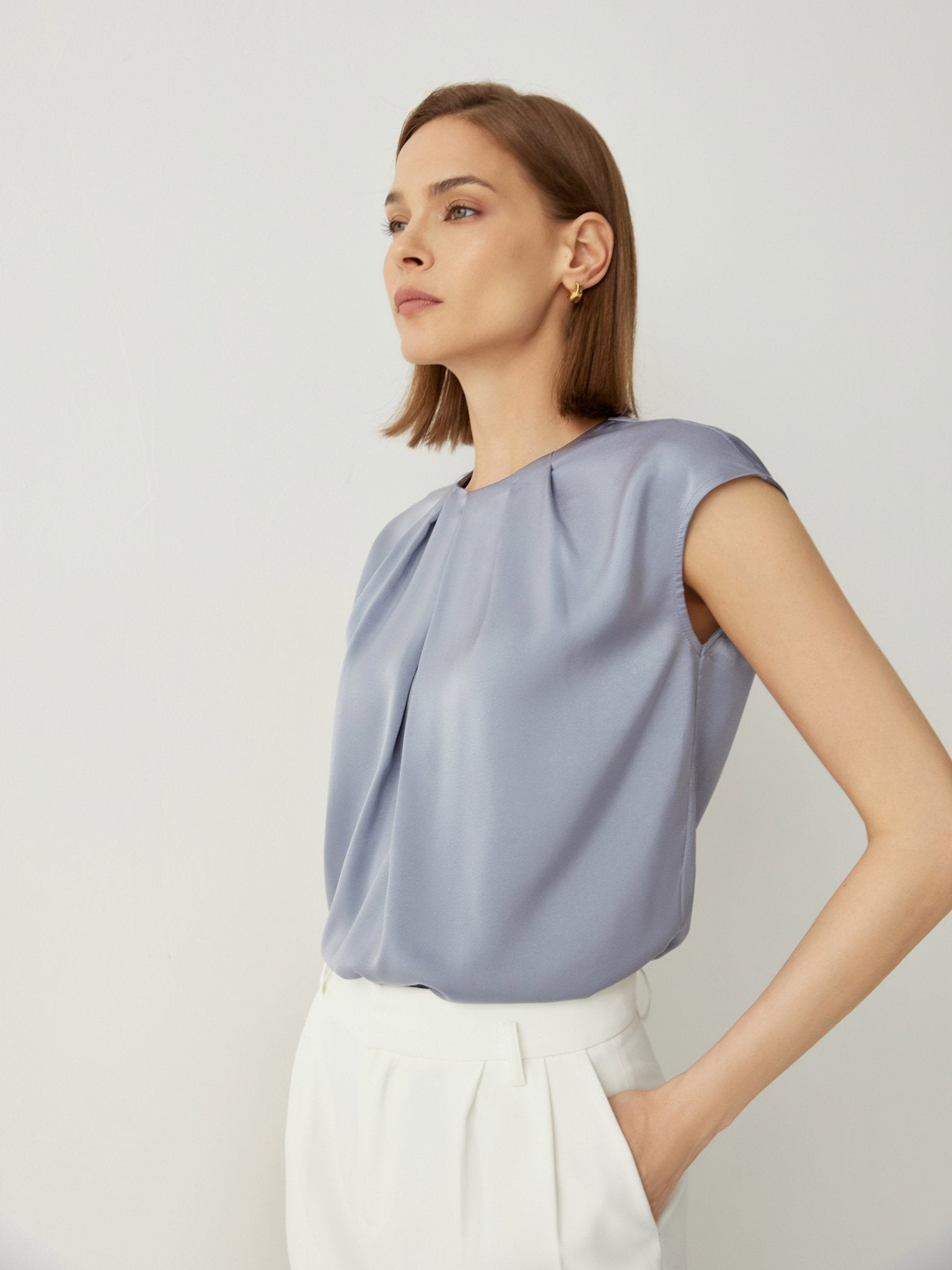 Pleated Neckline Cap Sleeves Relaxed Fit Blouse - Callalina