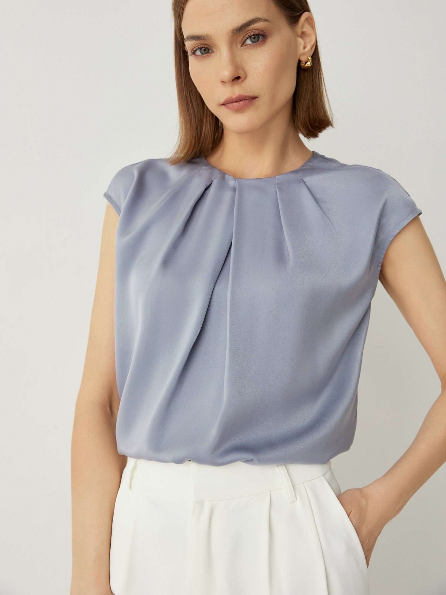 Pleated Neckline Cap Sleeves Relaxed Fit Blouse - Callalina