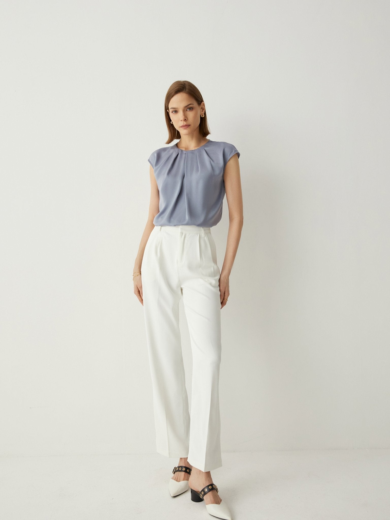 Pleated Neckline Cap Sleeves Relaxed Fit Blouse - Callalina