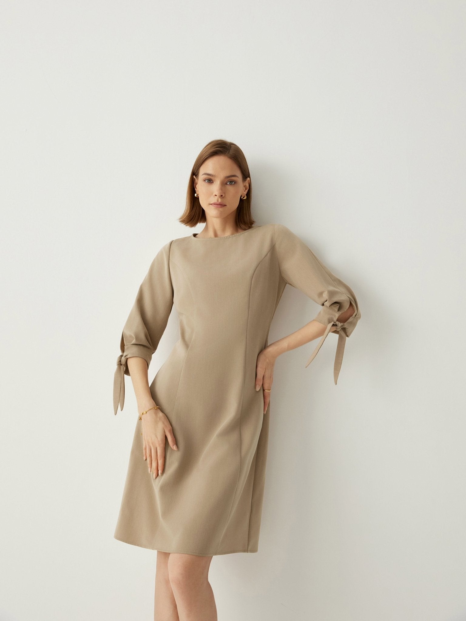 Recycled - Fiber - Blend Tie - Cuff 3/4 Sleeves Classic Shift Dress - Callalina