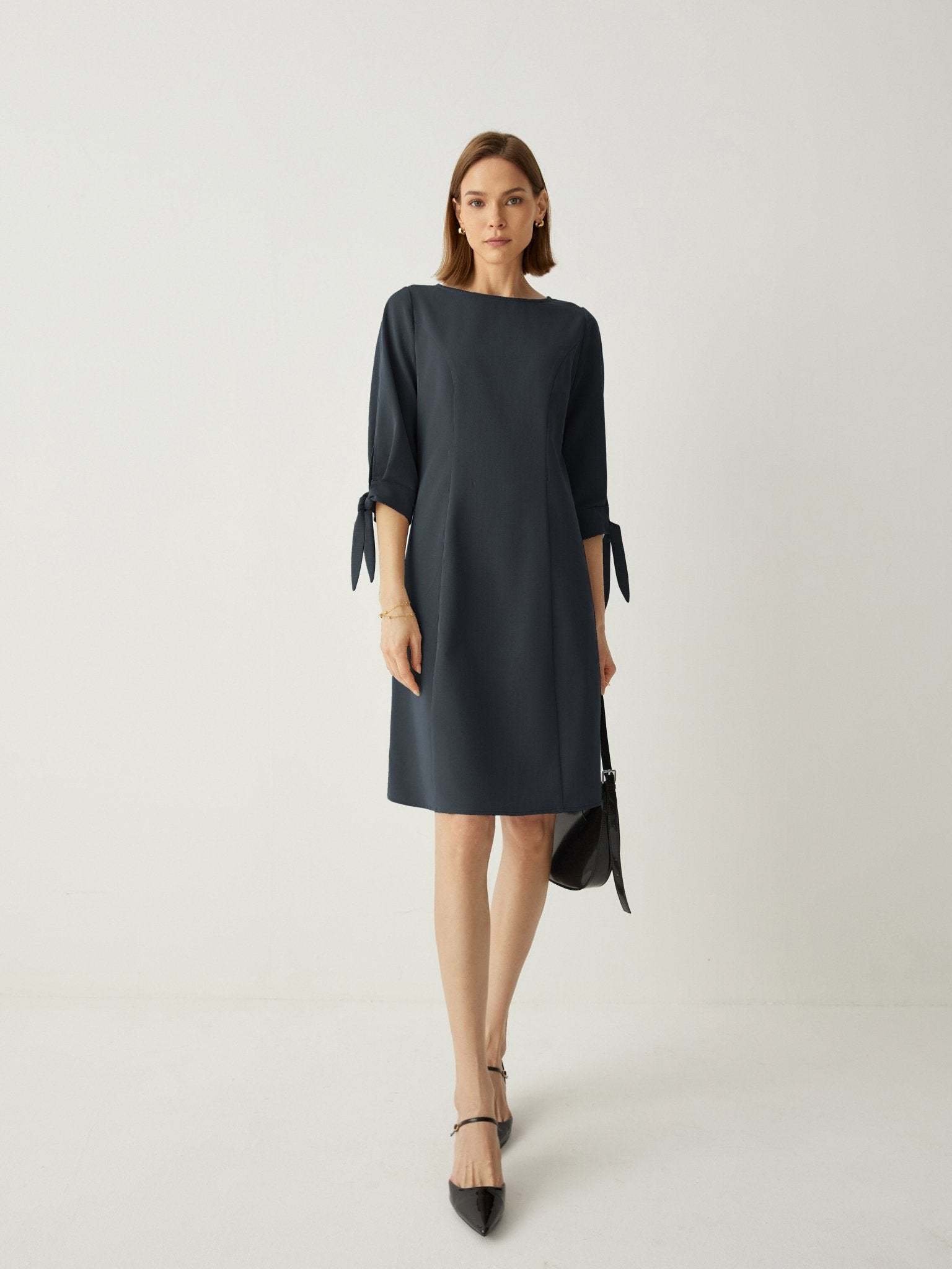 Recycled - Fiber - Blend Tie - Cuff 3/4 Sleeves Classic Shift Dress - Callalina