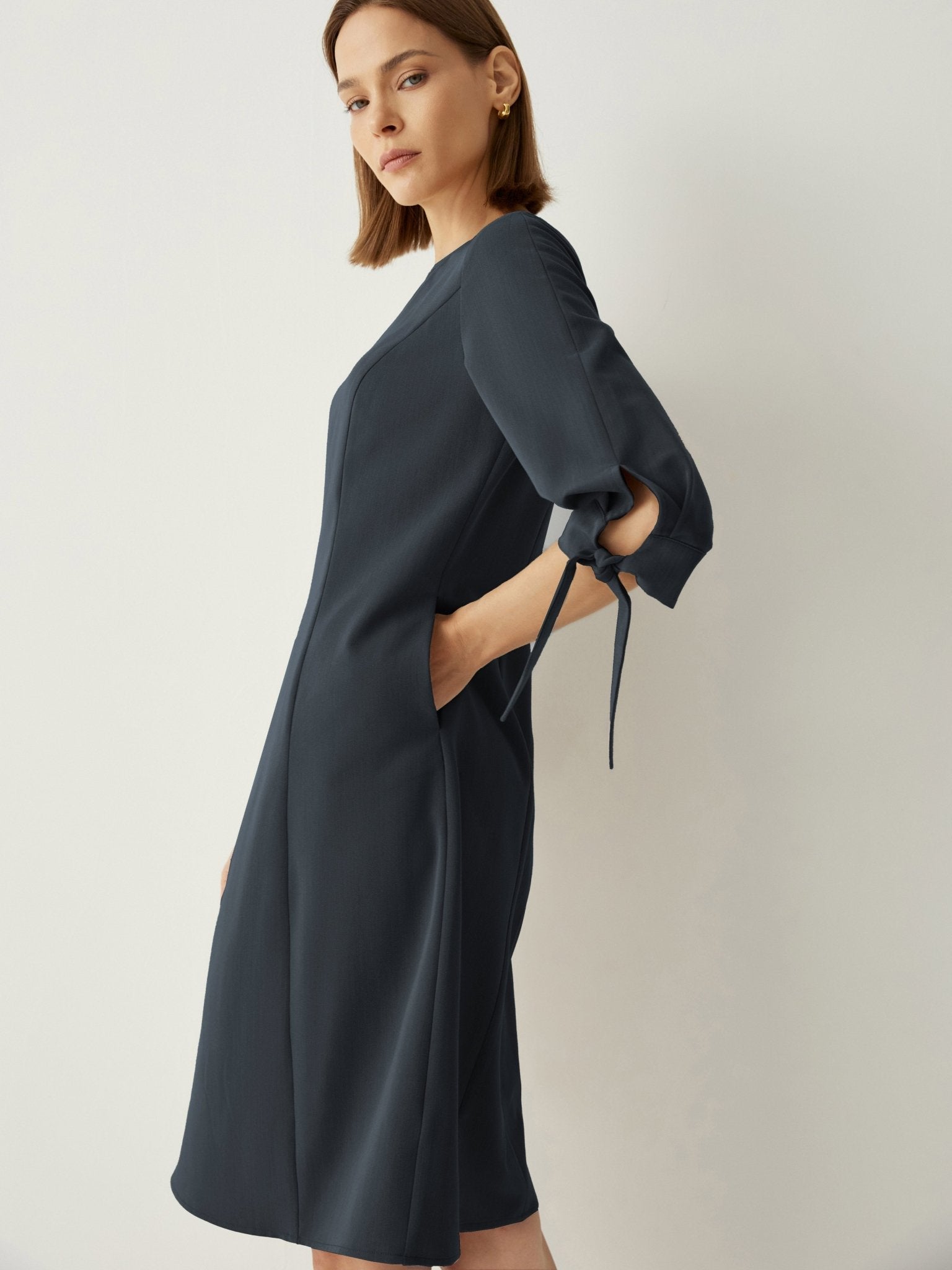 Recycled - Fiber - Blend Tie - Cuff 3/4 Sleeves Classic Shift Dress - Callalina