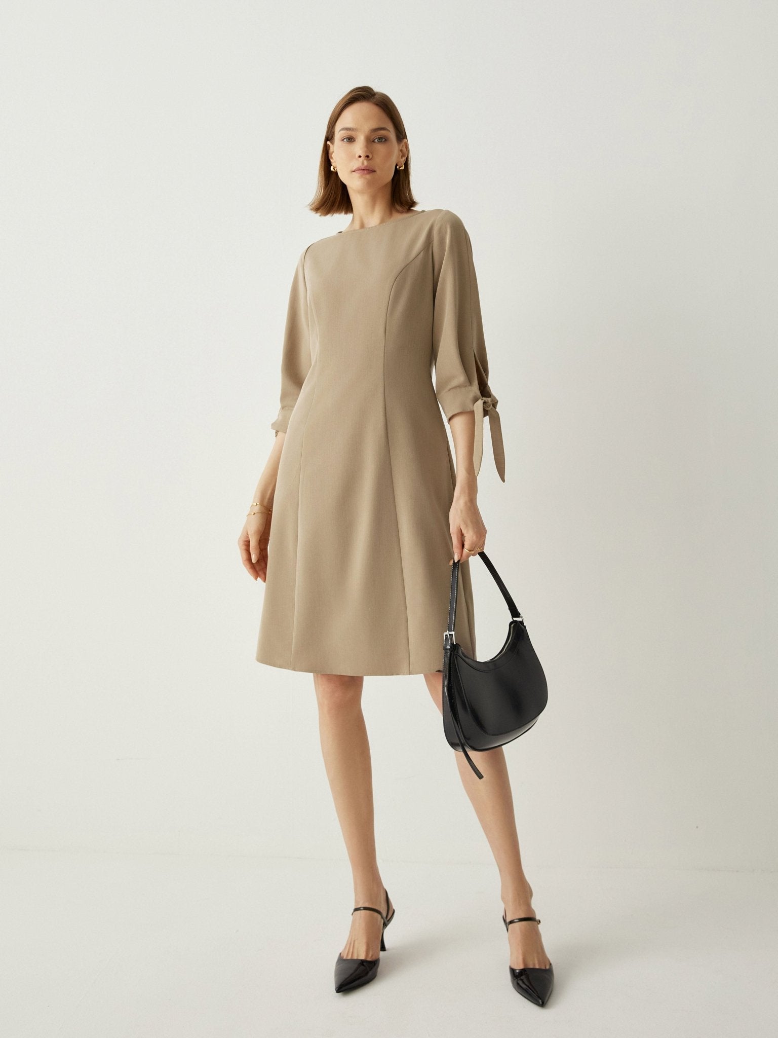 Recycled - Fiber - Blend Tie - Cuff 3/4 Sleeves Classic Shift Dress - Callalina