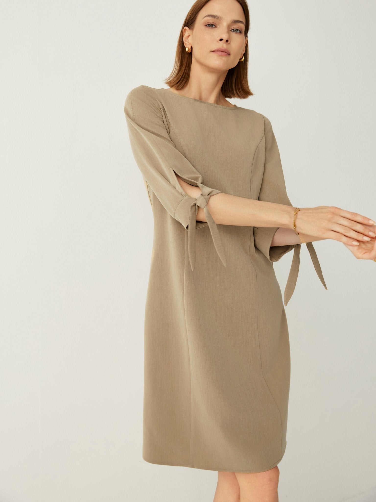 Recycled - Fiber - Blend Tie - Cuff 3/4 Sleeves Classic Shift Dress - Callalina