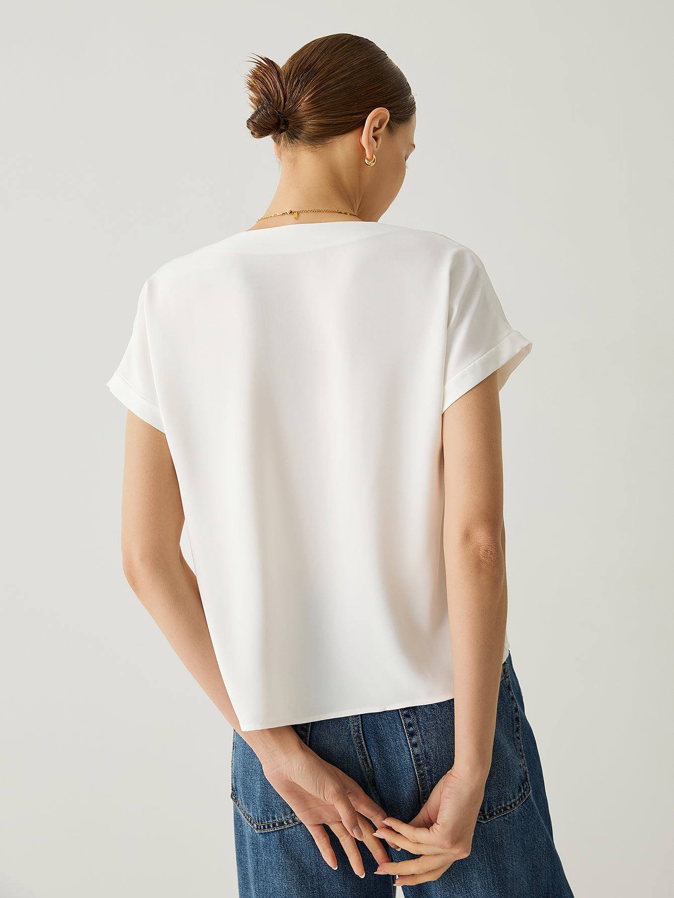 Roll - Up Cuffs Short Sleeves V - Neck Blouse - Callalina