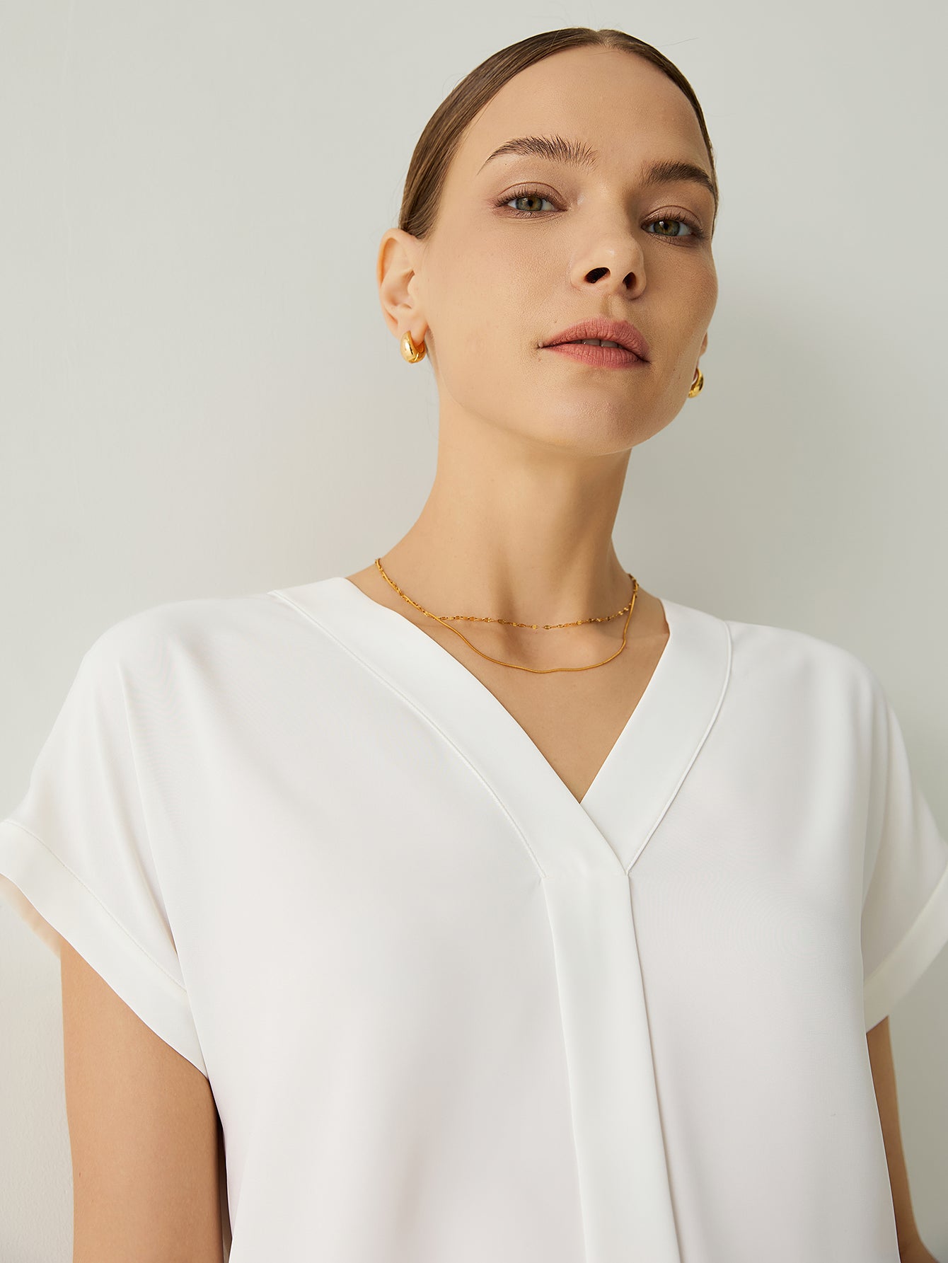 Roll - Up Cuffs Short Sleeves V - Neck Blouse - Callalina