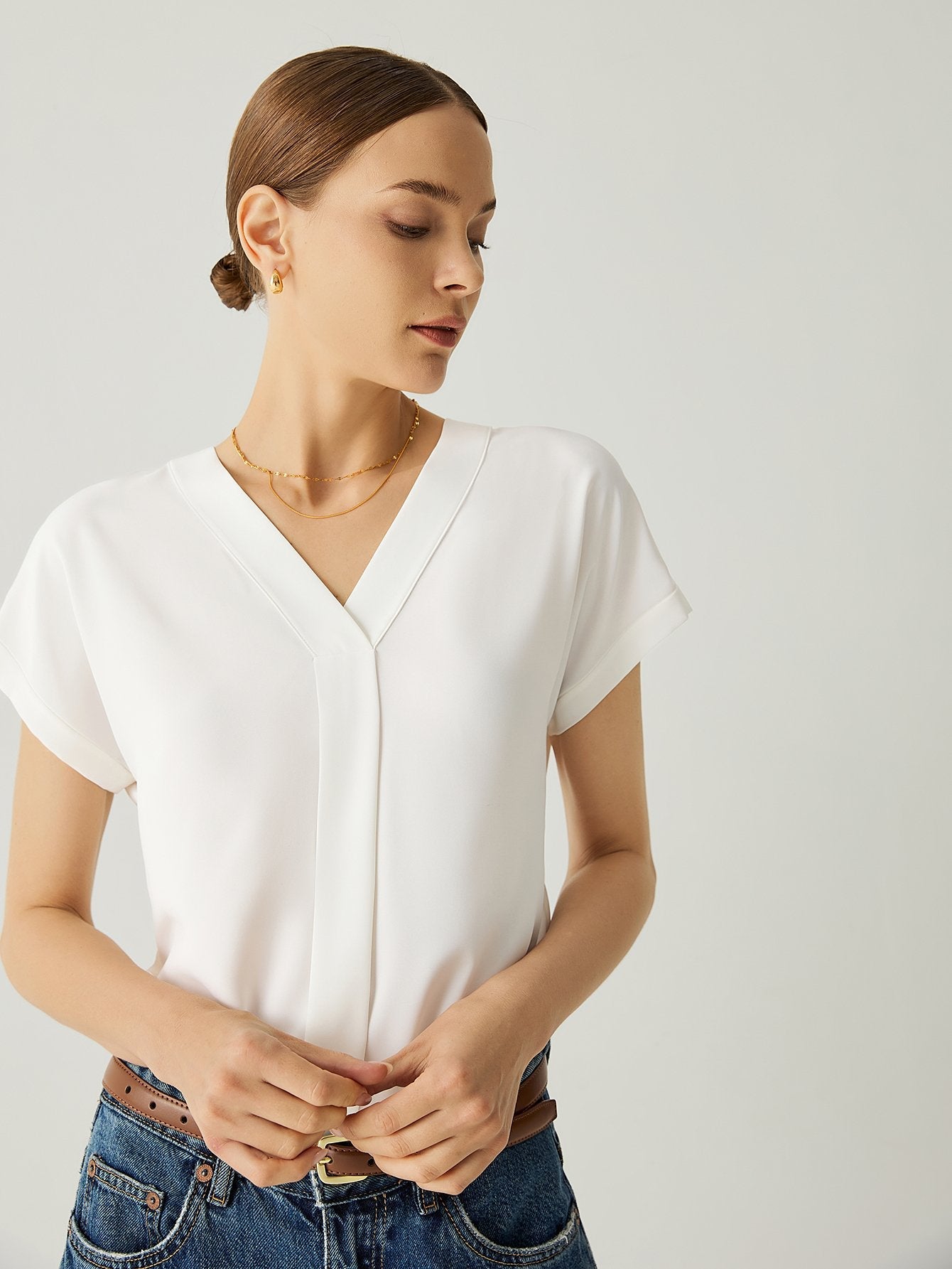 Roll - Up Cuffs Short Sleeves V - Neck Blouse - Callalina