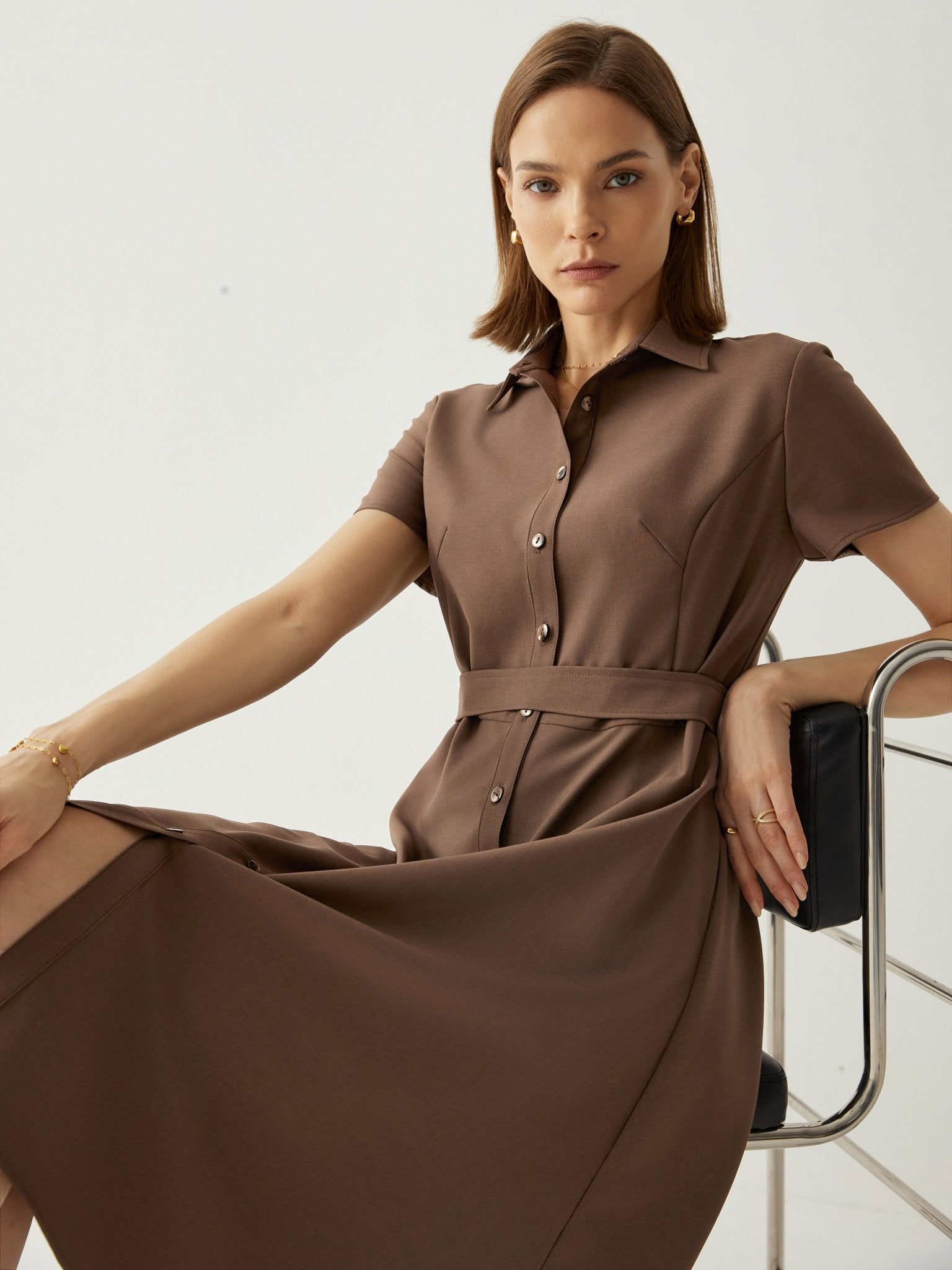 Short Sleeves Shirt Dress With Detachable Belt - Callalina