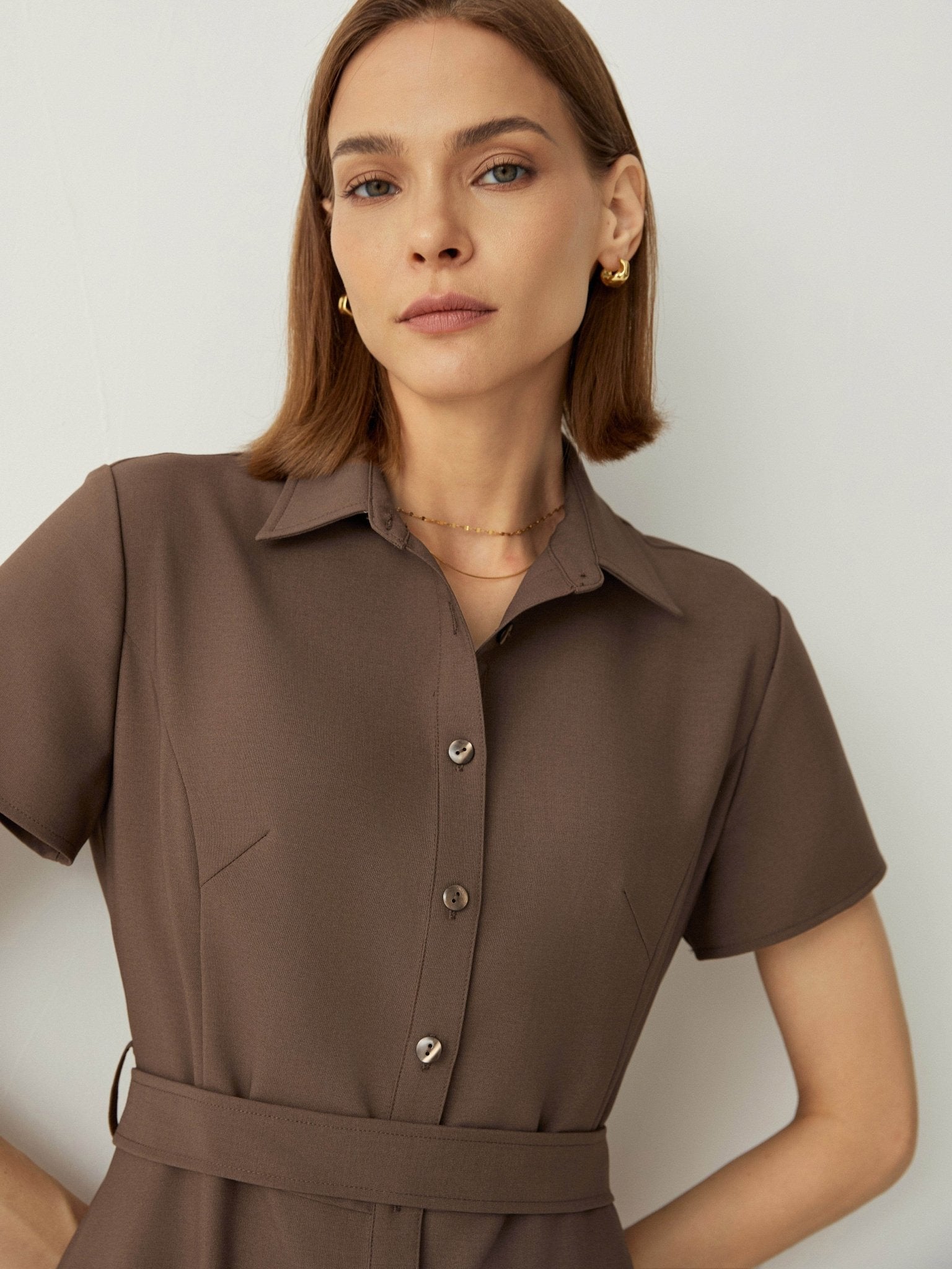 Short Sleeves Shirt Dress With Detachable Belt - Callalina