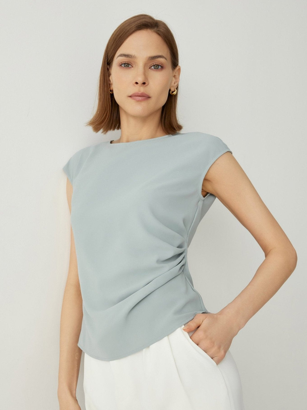 Side Pleated Cap Sleeves Regular Fit Blouse - Callalina