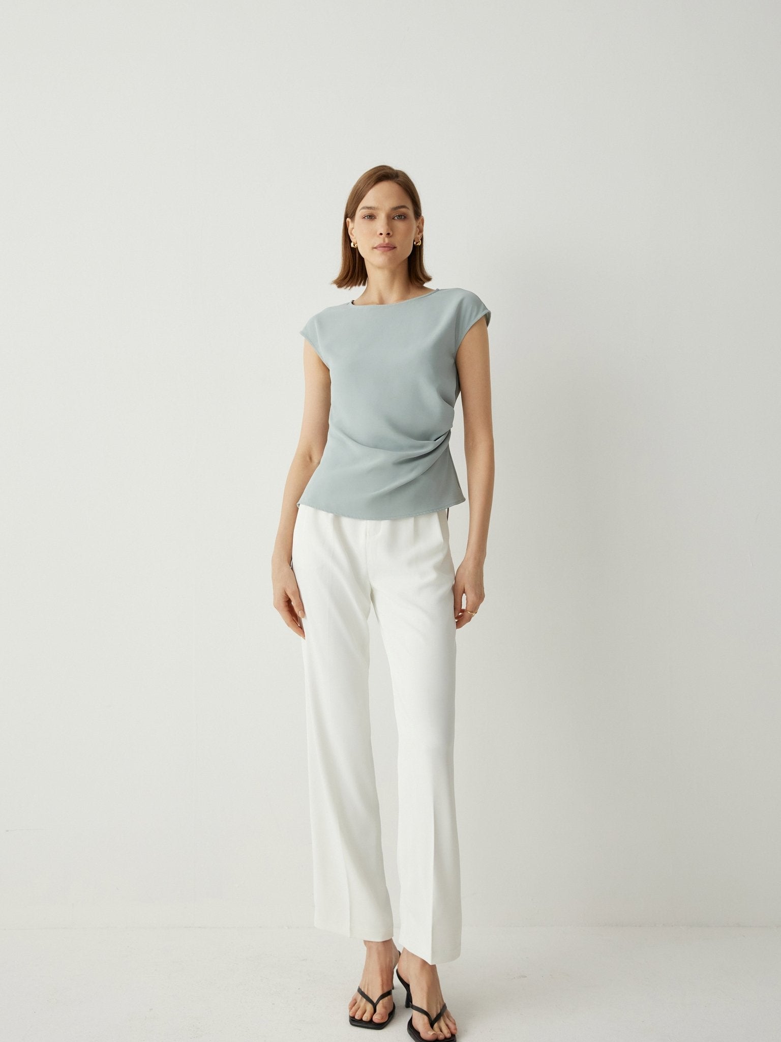 Side Pleated Cap Sleeves Regular Fit Blouse - Callalina