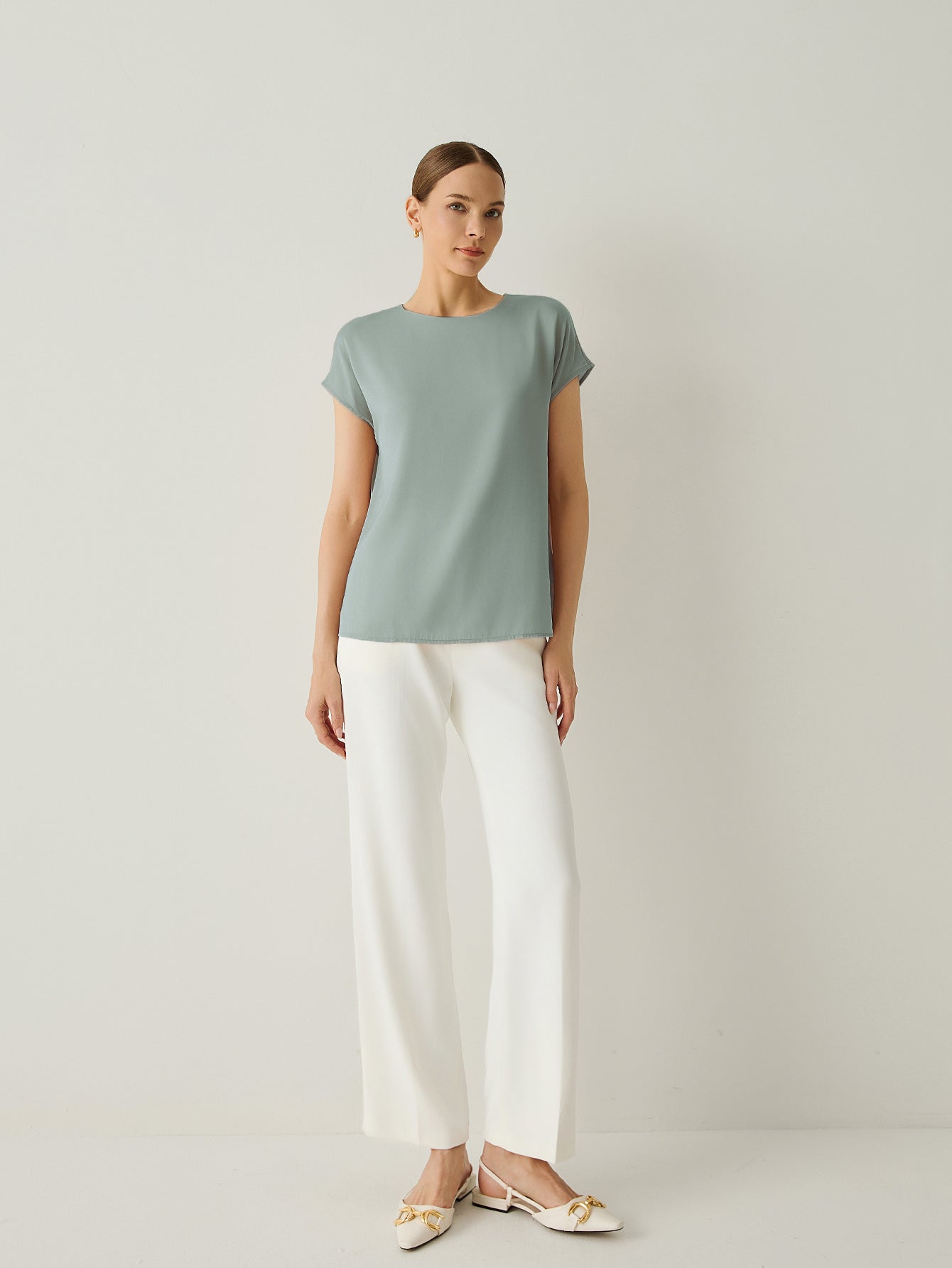 Silk Crew Neck Cap Sleeves Top - Callalina