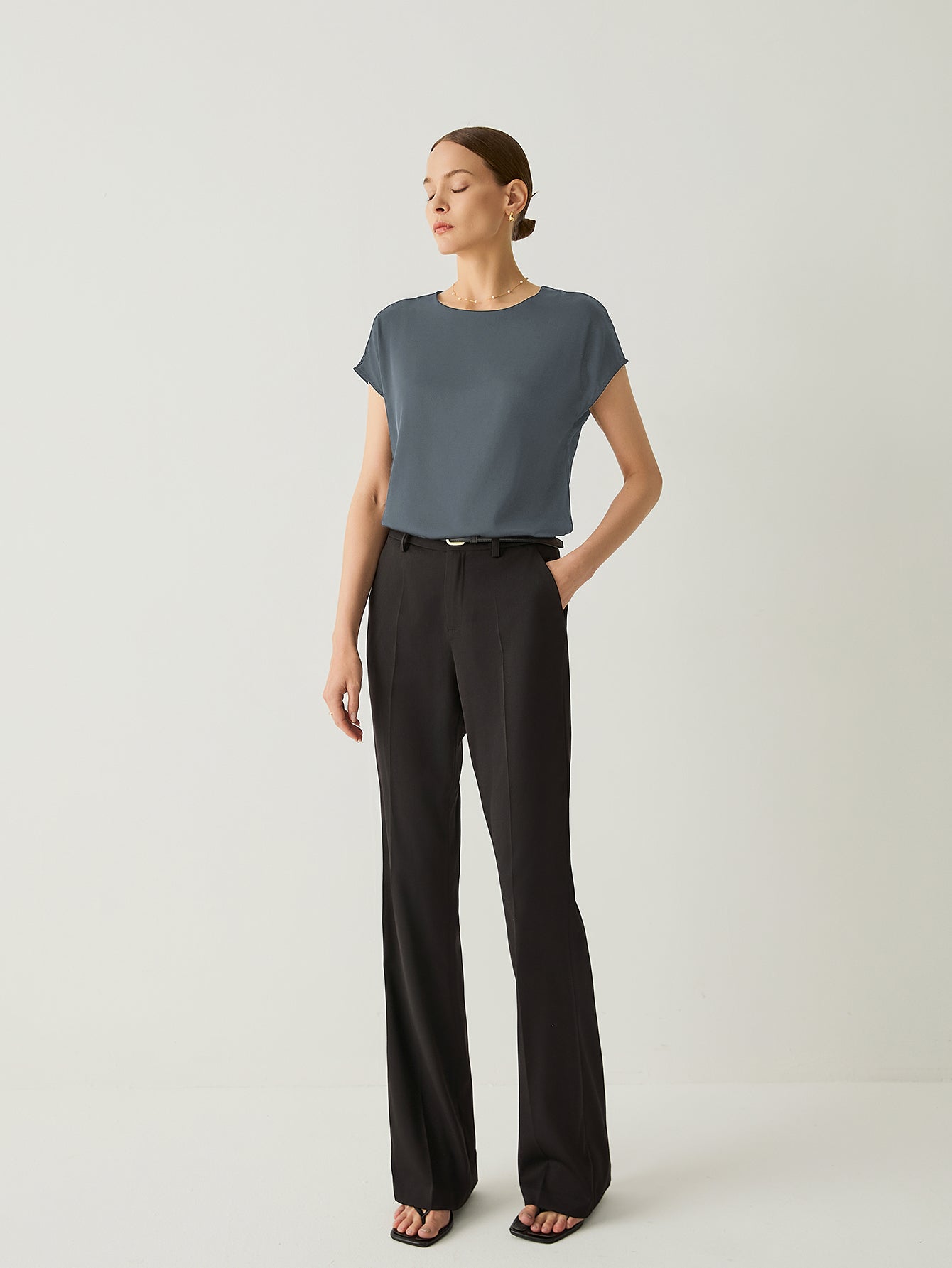 Silk Crew Neck Cap Sleeves Top - Callalina