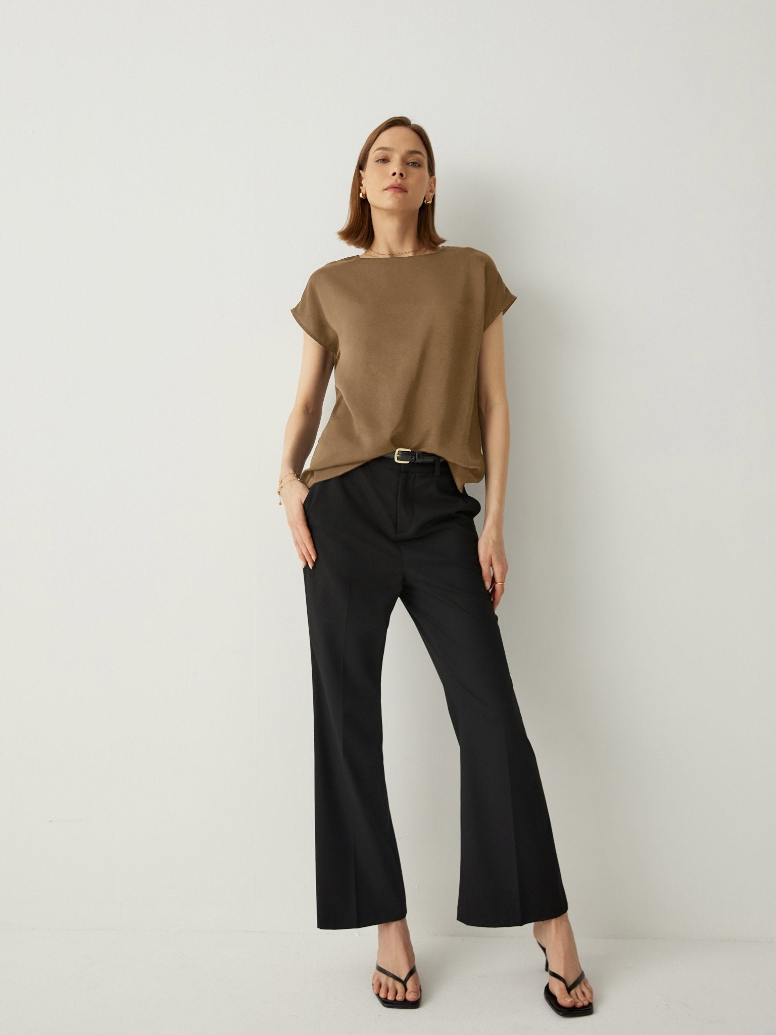 Silk Crew Neck Cap Sleeves Top - Callalina