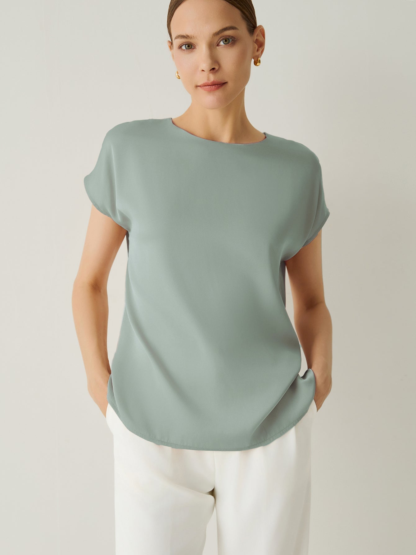 Silk Crew Neck Cap Sleeves Top - Callalina