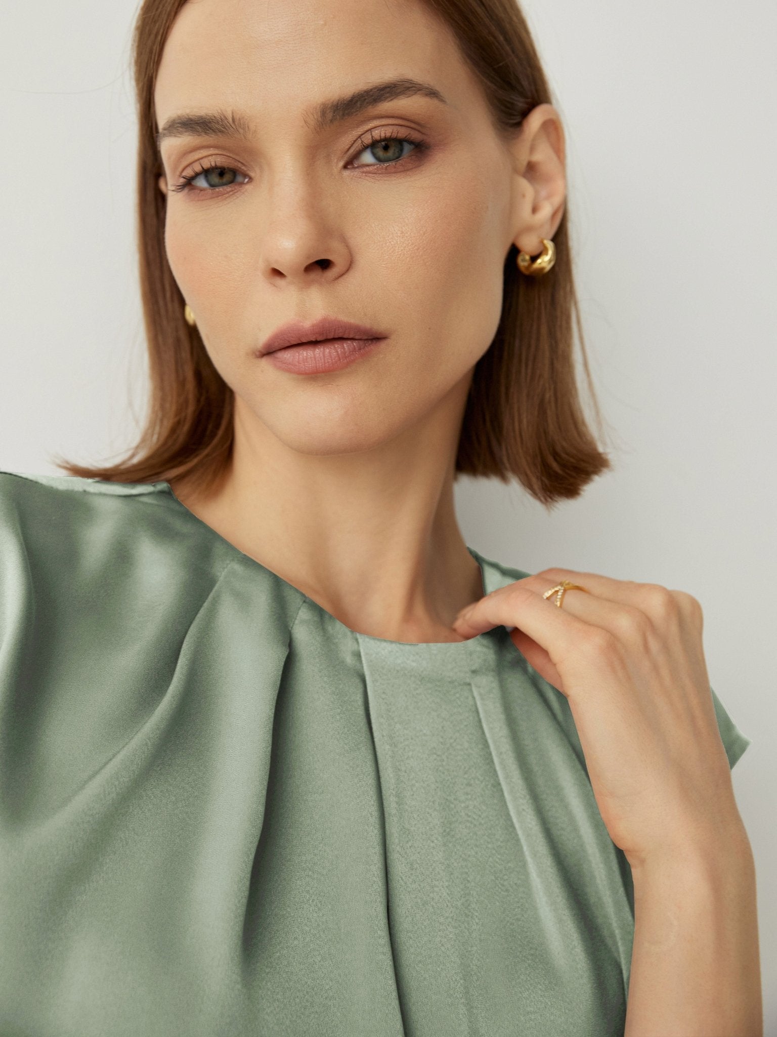 Silk Pleated Neckline Cap Sleeves Blouse - Callalina